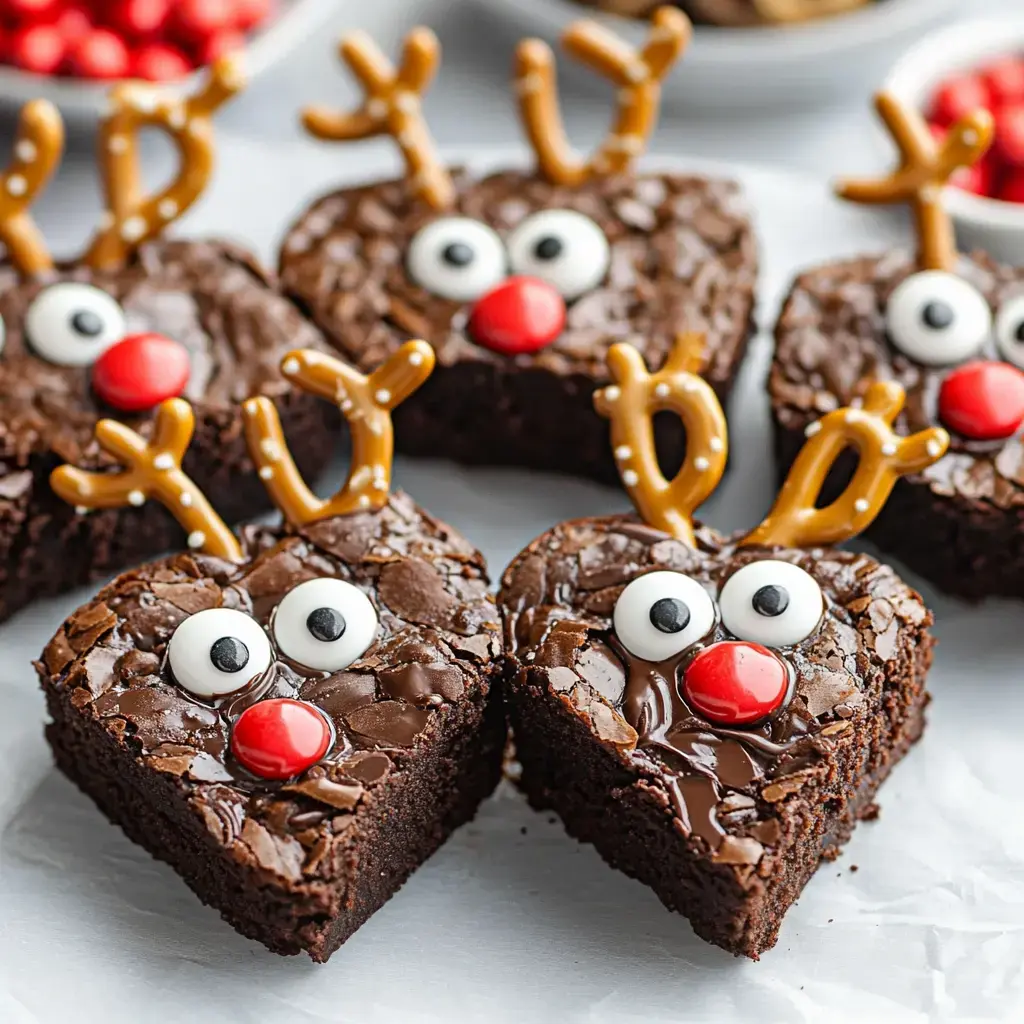 Plusieurs brownies décorés comme des rennes, avec des yeux en bonbon, des nez rouges et des bois en bretzel.