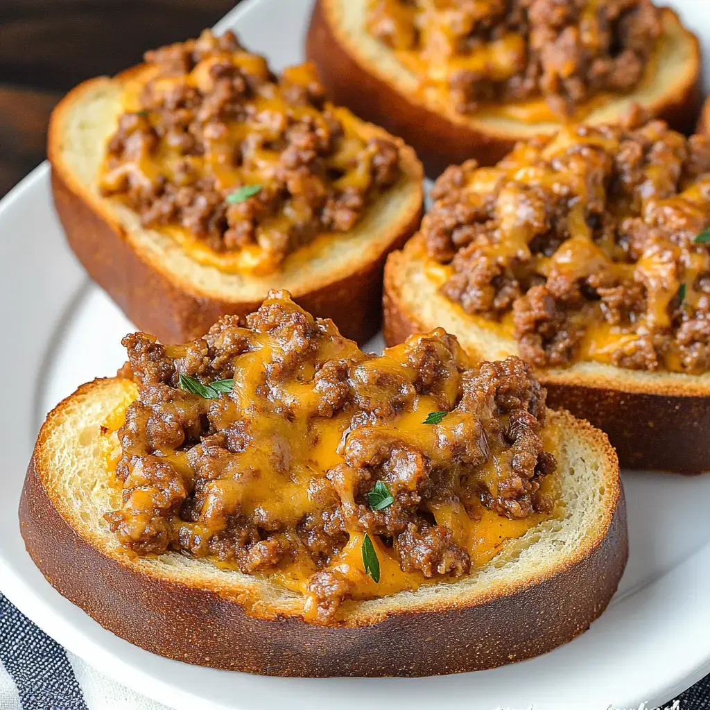 Une assiette de toasts garnis de bœuf haché assaisonné et de fromage cheddar fondu.