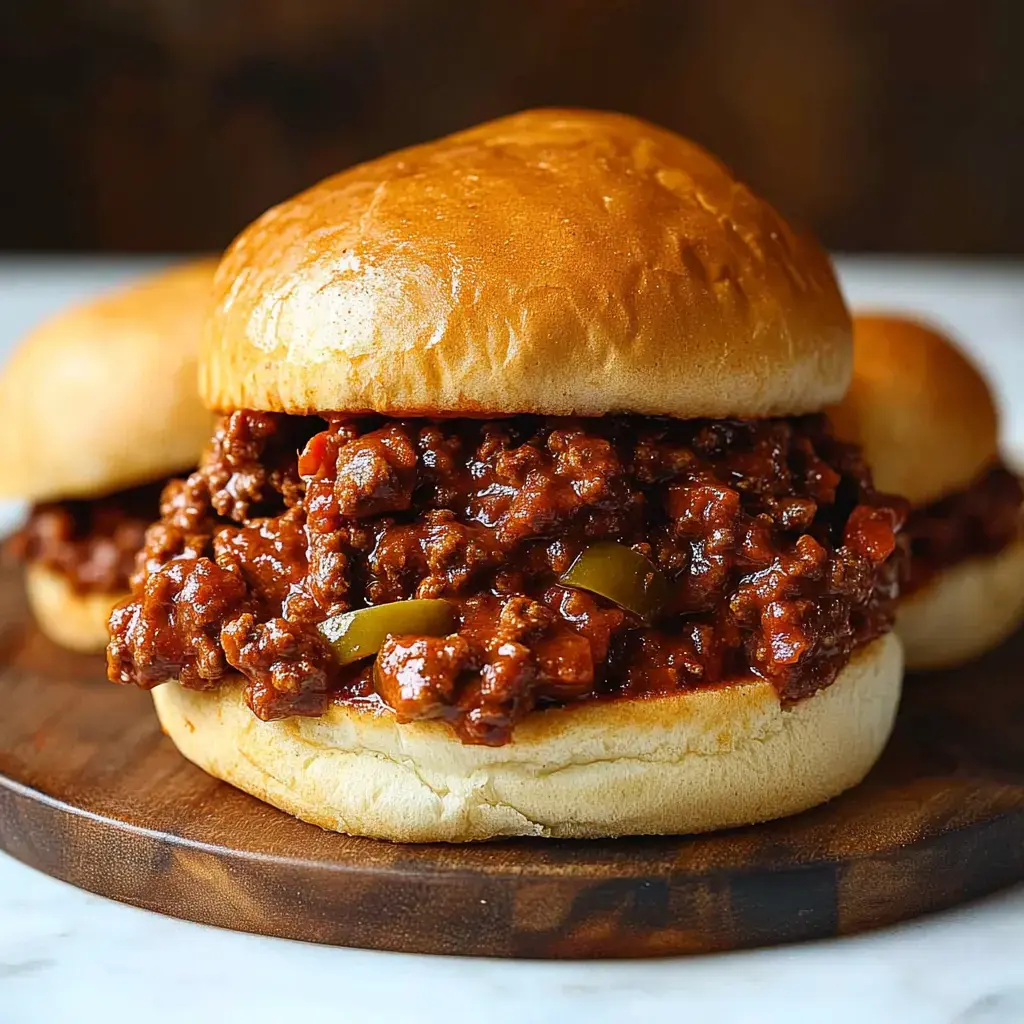 Gros plan d'un sandwich à la viande hachée bien garni, servi sur un pain doré et posé sur une assiette en bois.