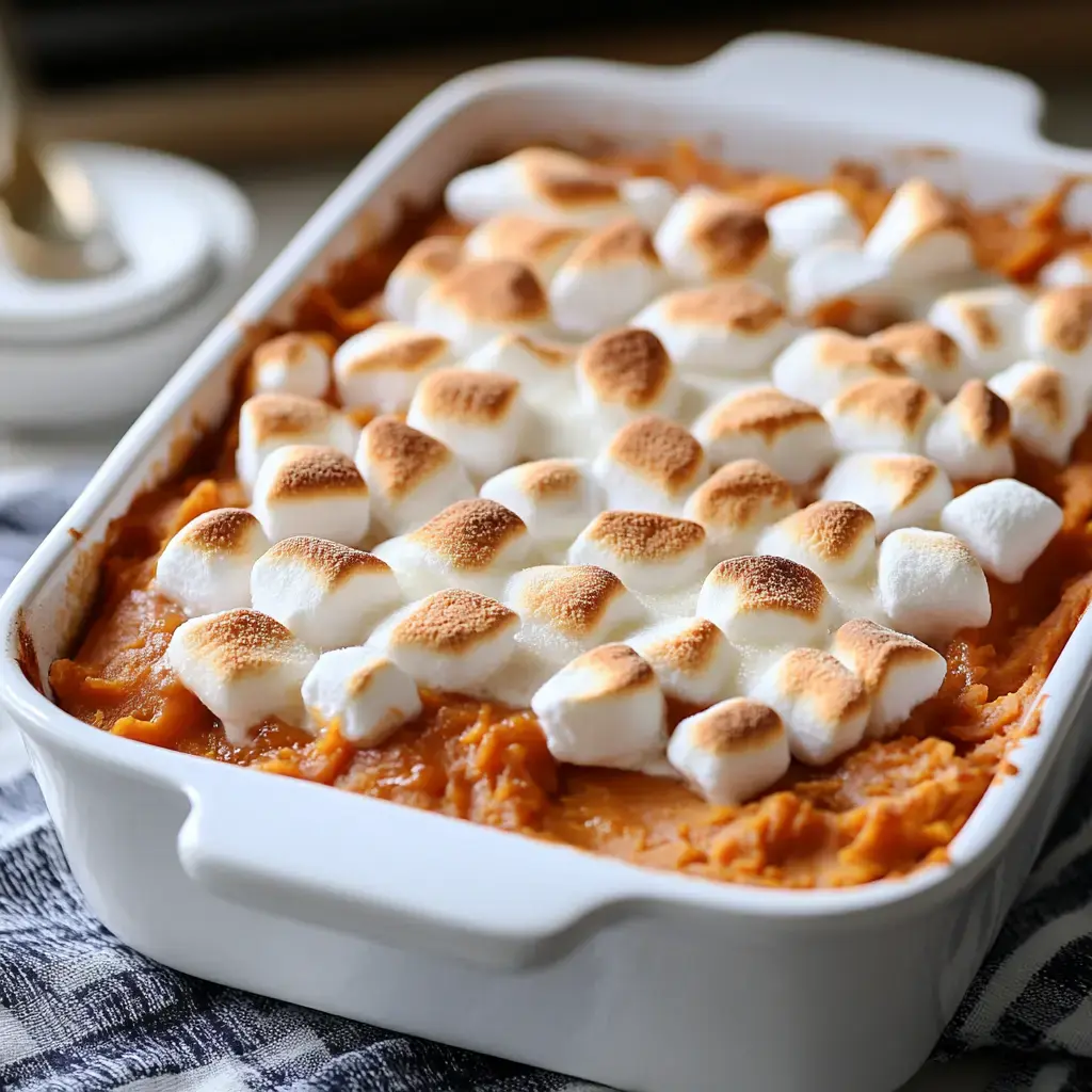 Un plat de cuisson blanc rempli de gratin de patates douces garni de mini-chamallows grillés.