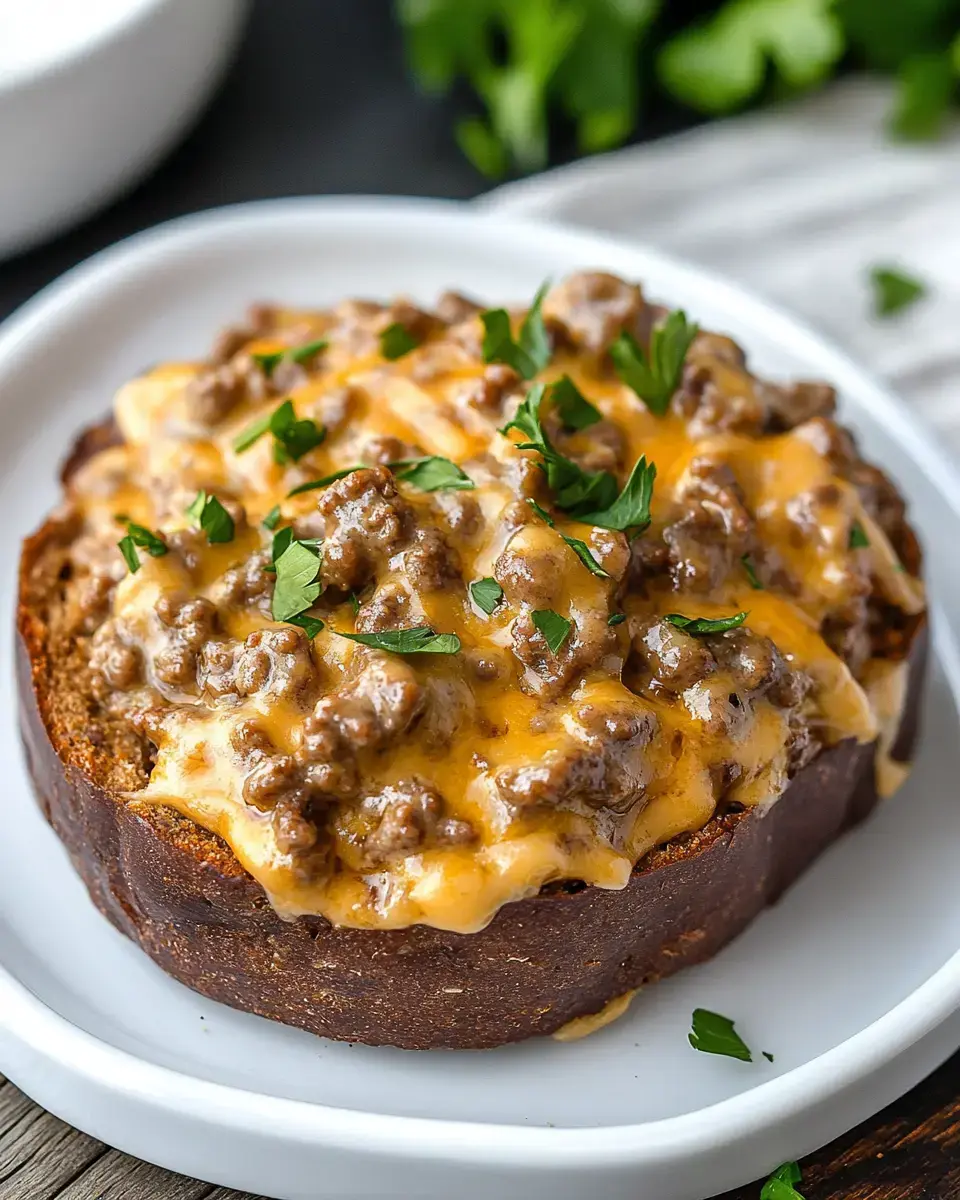 Un plat copieux de bœuf haché et fromage fondu garni de persil haché, servi sur une tranche de pain.