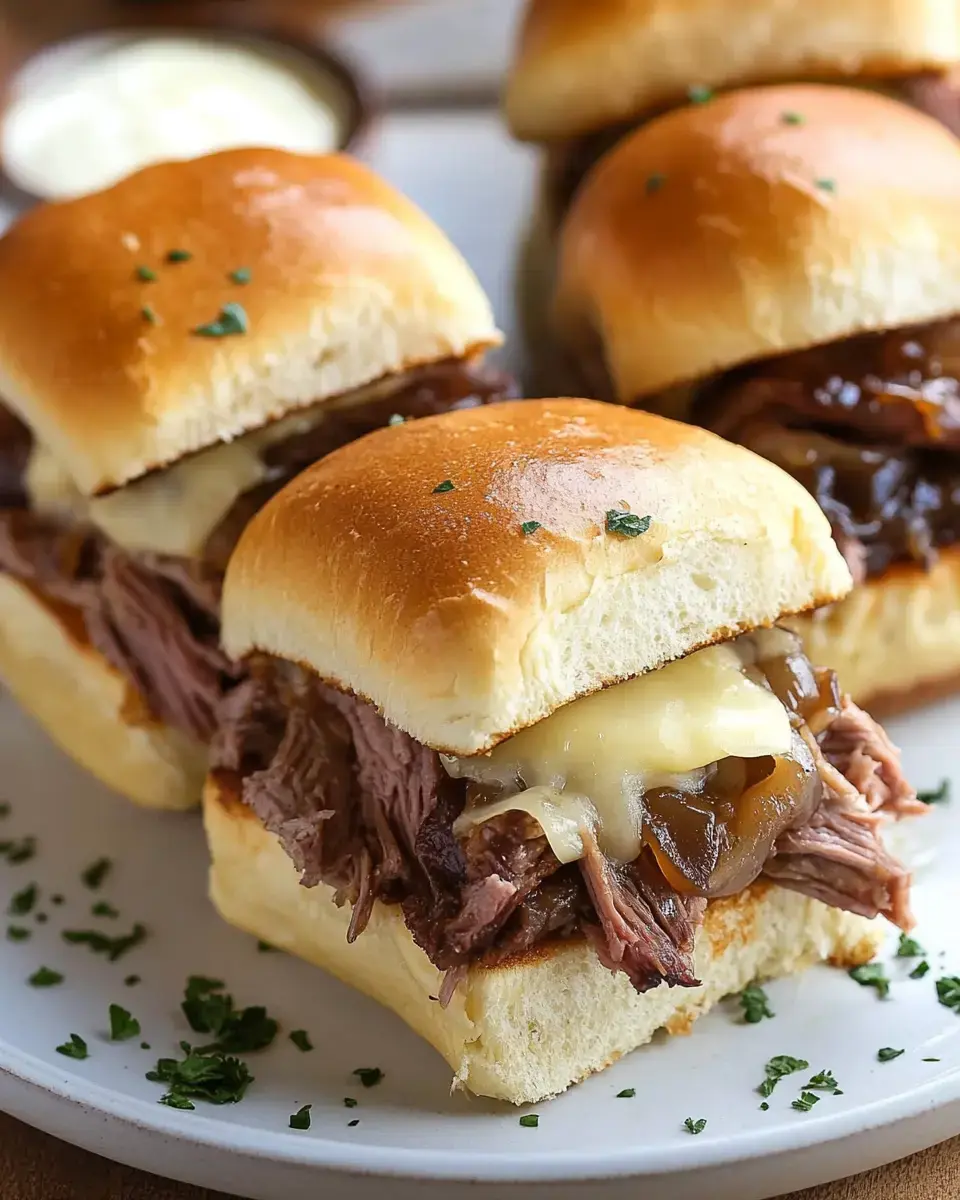 Une assiette de délicieux mini sandwichs garnis de bœuf tendre, fromage fondu et oignons sautés, décorés de persil.