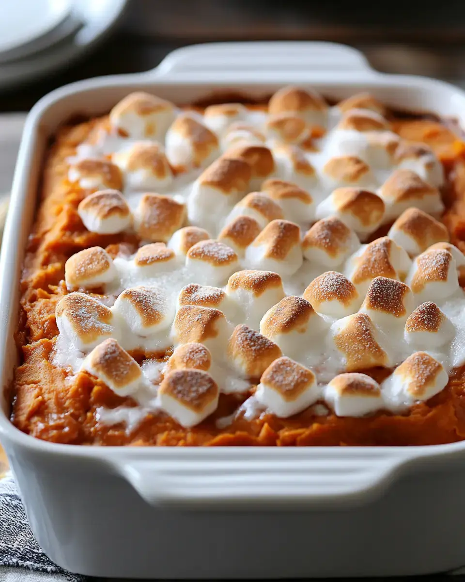 Une casserole de patates douces crémeuse garnie de guimauves dorées dans un plat blanc.