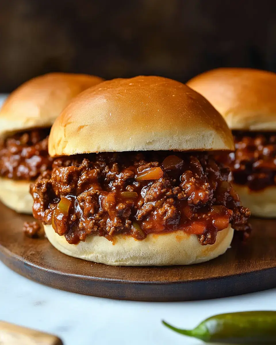 Trois petits pains garnis d'un mélange de viande savoureux sur un plateau en bois, avec un piment vert à côté.