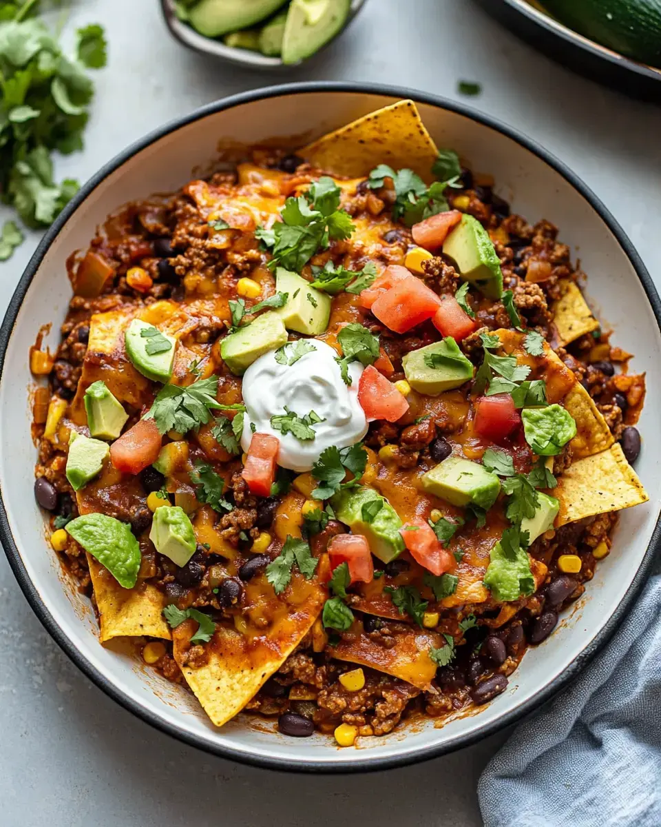 Un bol de nachos garni de viande hachée, haricots noirs, maïs, fromage, tomates, avocat, coriandre et crème fraîche.