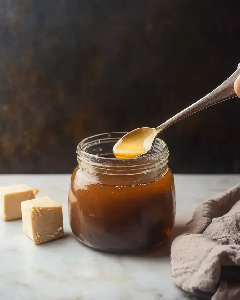 Un pot de sirop doré avec une cuillère sur le bord, accompagné de deux cubes de substance beige sur une surface en marbre.