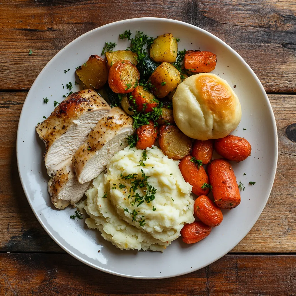 A white plate on a rustic wooden table, fully loaded with a simple yet satisfying dinner