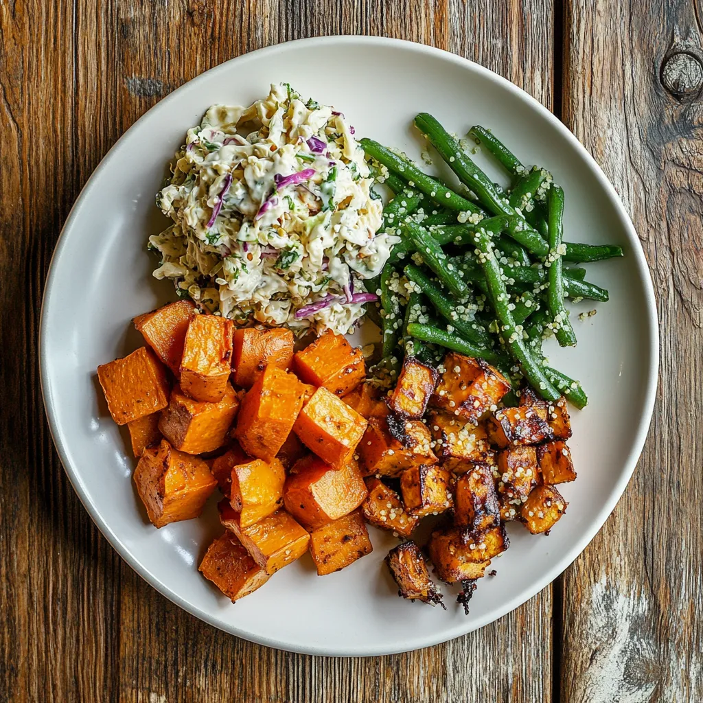 a white plate on a rustic wooden table, fully filled with classic side dishes