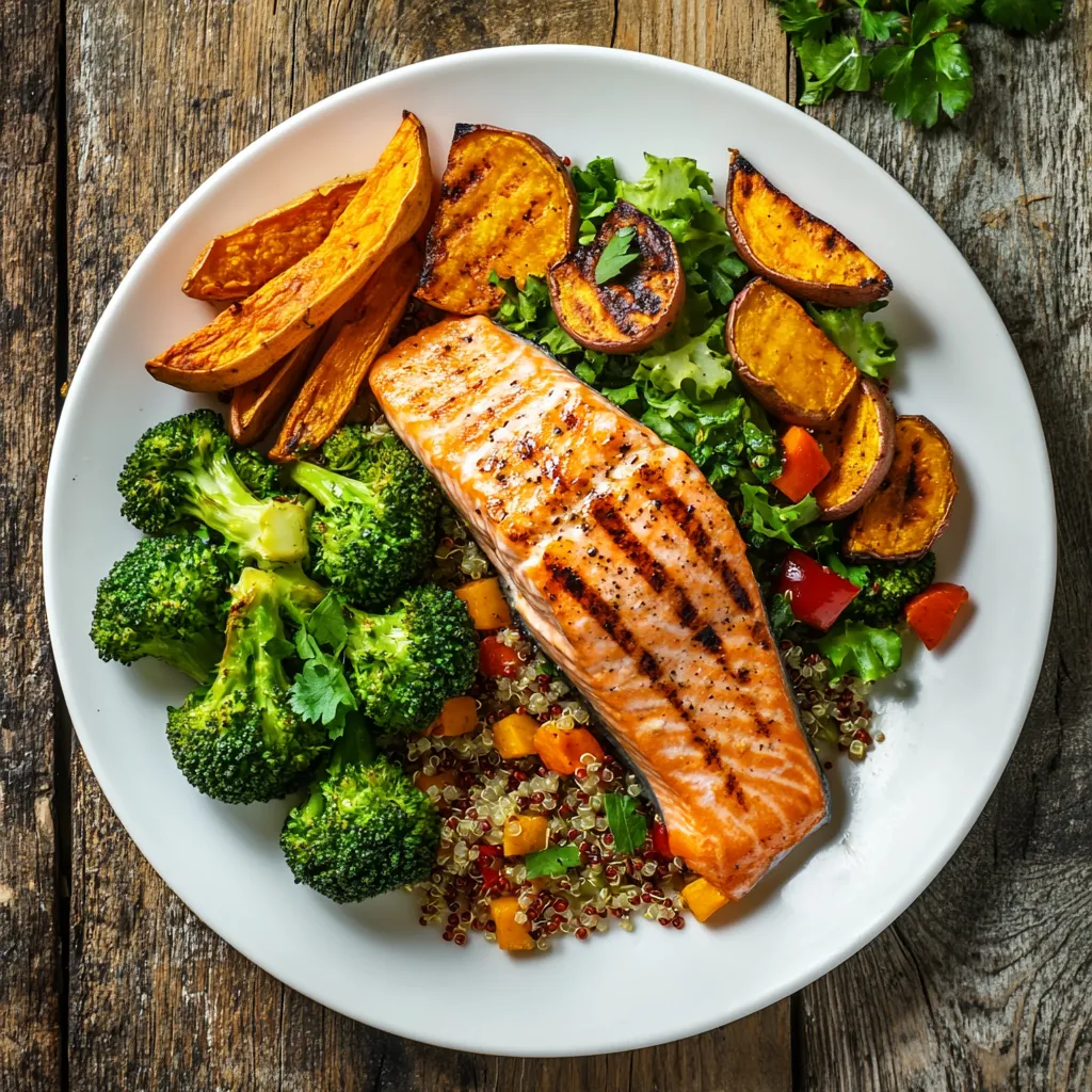 a rustic wooden table, completely filled with a gluten-free meal. The plate includes grilled salmon