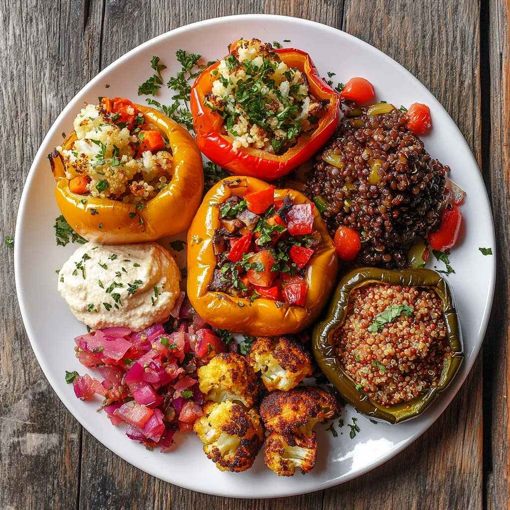 The plate includes stuffed bell peppers with quinoa and vegetables, roasted cauliflower florets