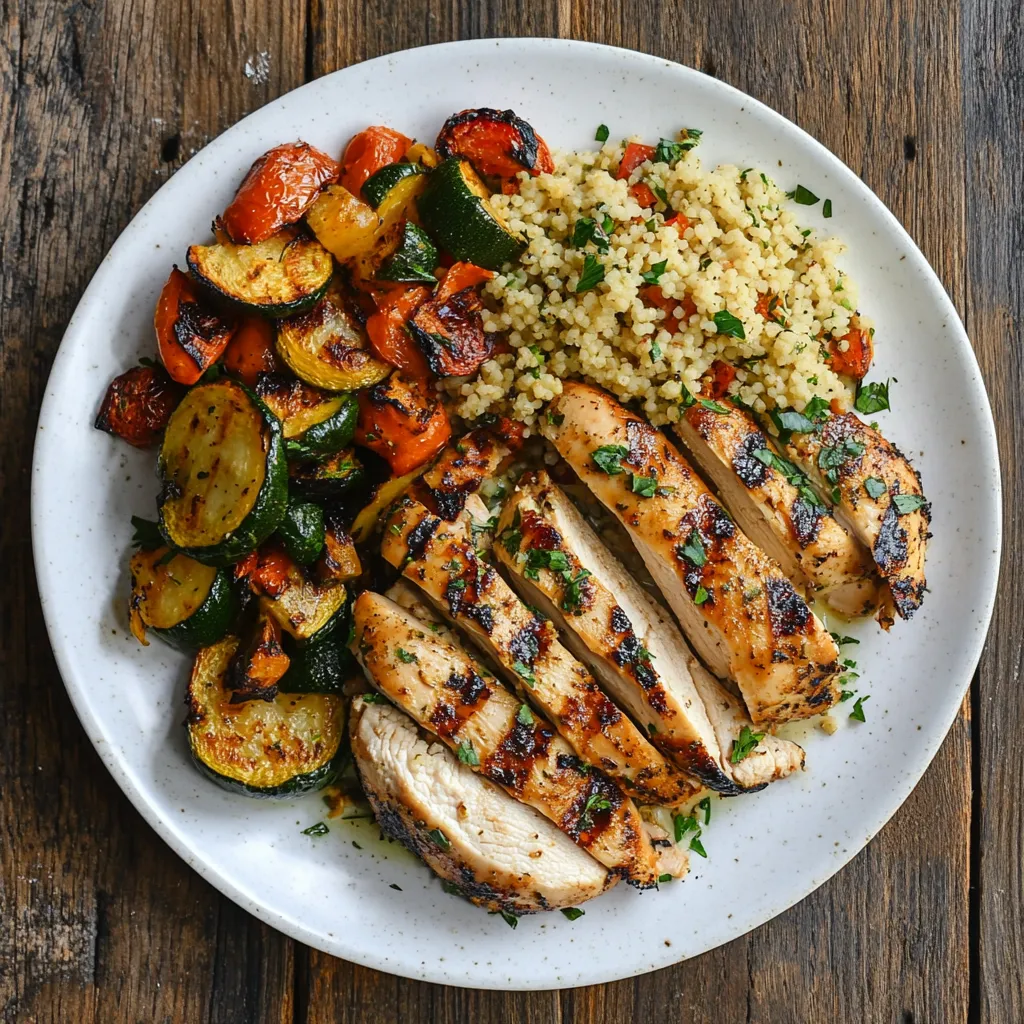 The plate includes grilled chicken breast, couscous with herbs, and a side of roasted vegetables