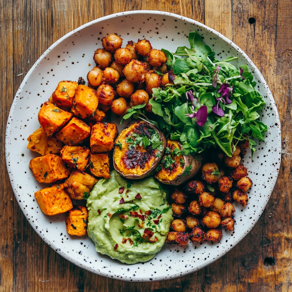 roasted chickpeas, stuffed sweet potatoes, a fresh green salad, and a dollop of avocado cream