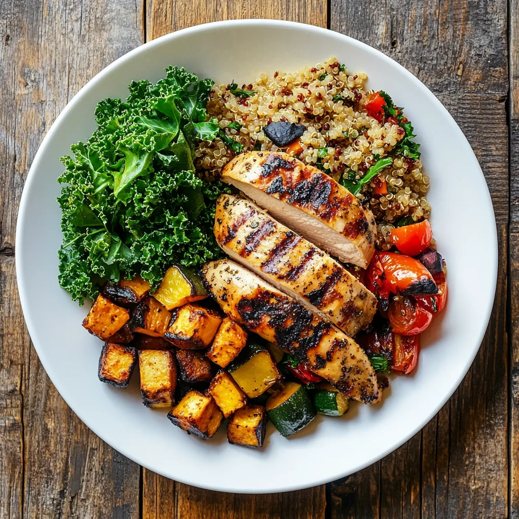 a plate includes grilled chicken, quinoa with roasted vegetables, and a small kale salad