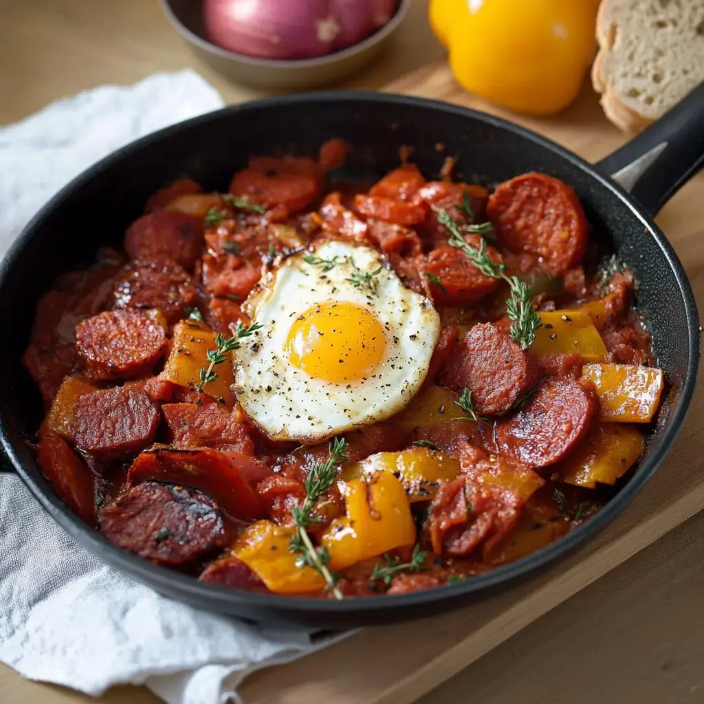 Une poêle garnie de chorizo, de légumes et d'un œuf, agrémentée de thym frais.