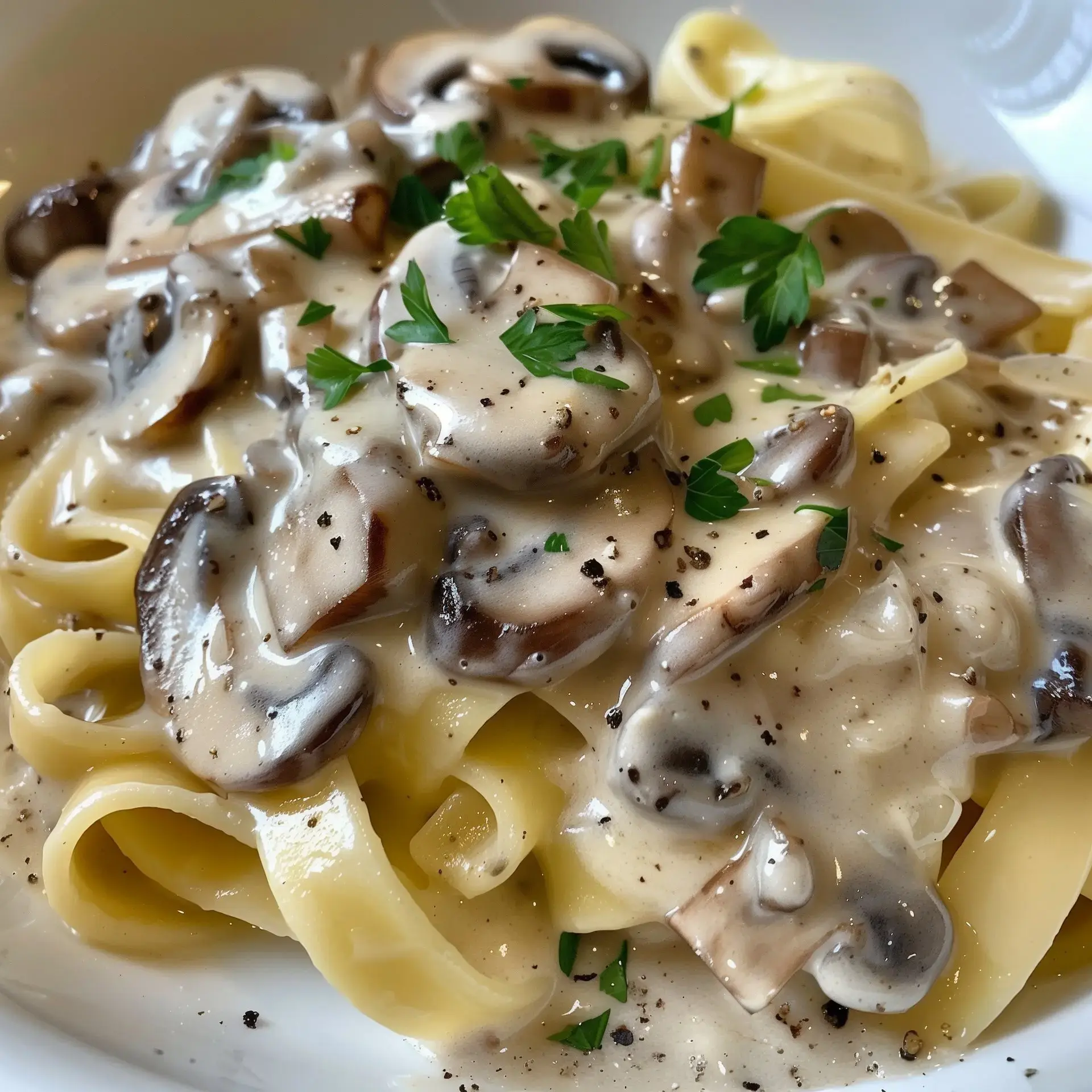 Tagliatelles nappées de sauce crémeuse aux champignons, décorées de persil frais.