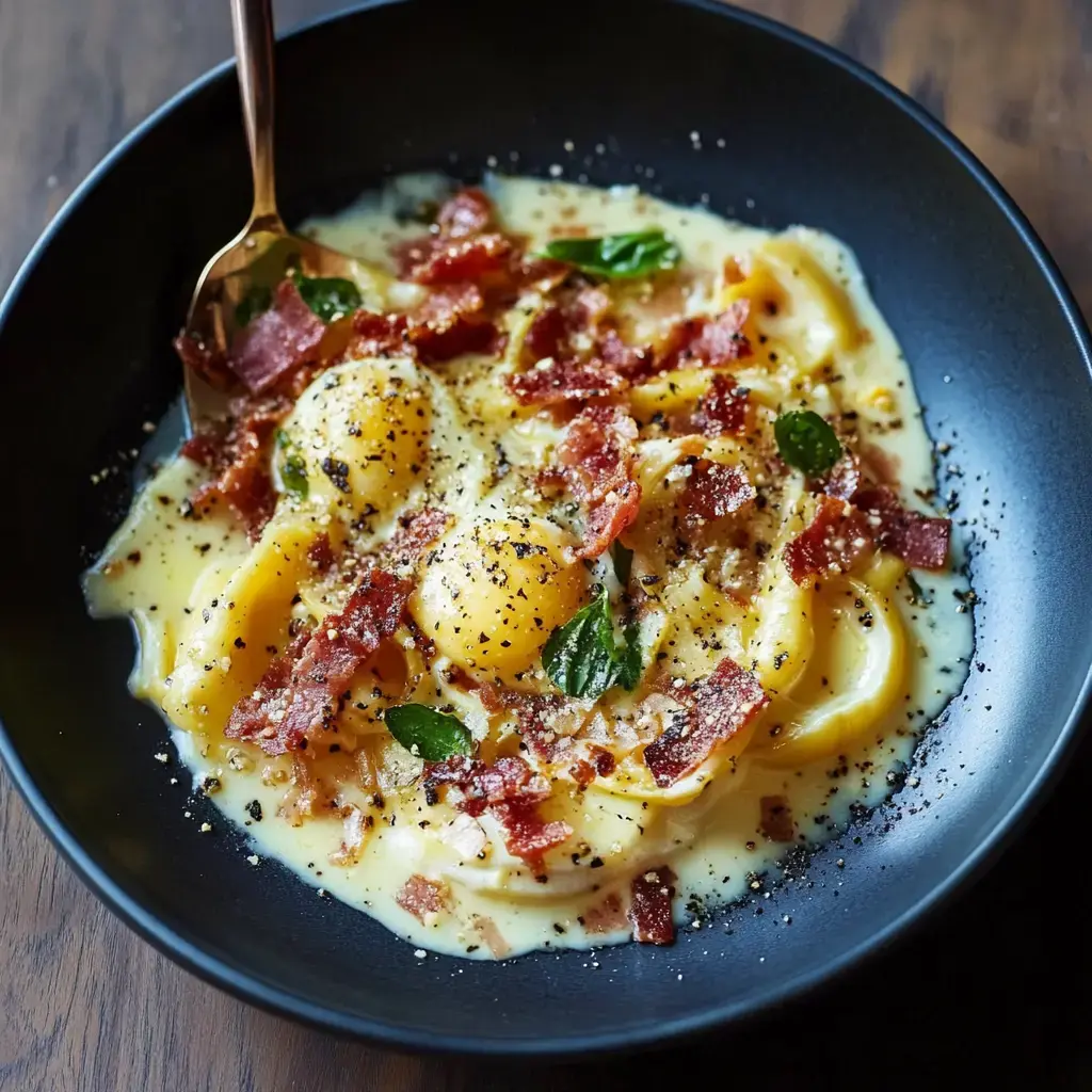 Un mélange crémeux de poireaux parsemé de parmesan avec des morceaux de lard croustillants et un vert de basilic.