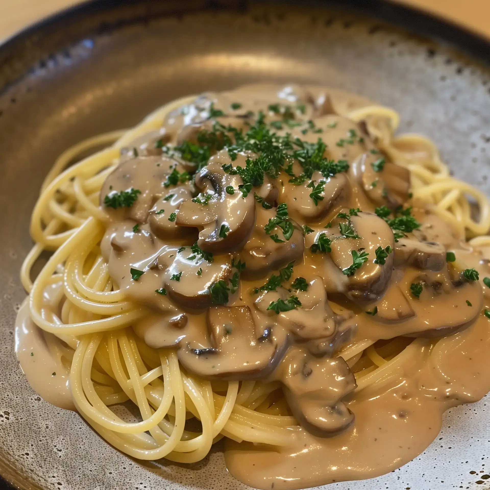 Pâtes nappées de sauce crémeuse aux champignons avec persil frais.