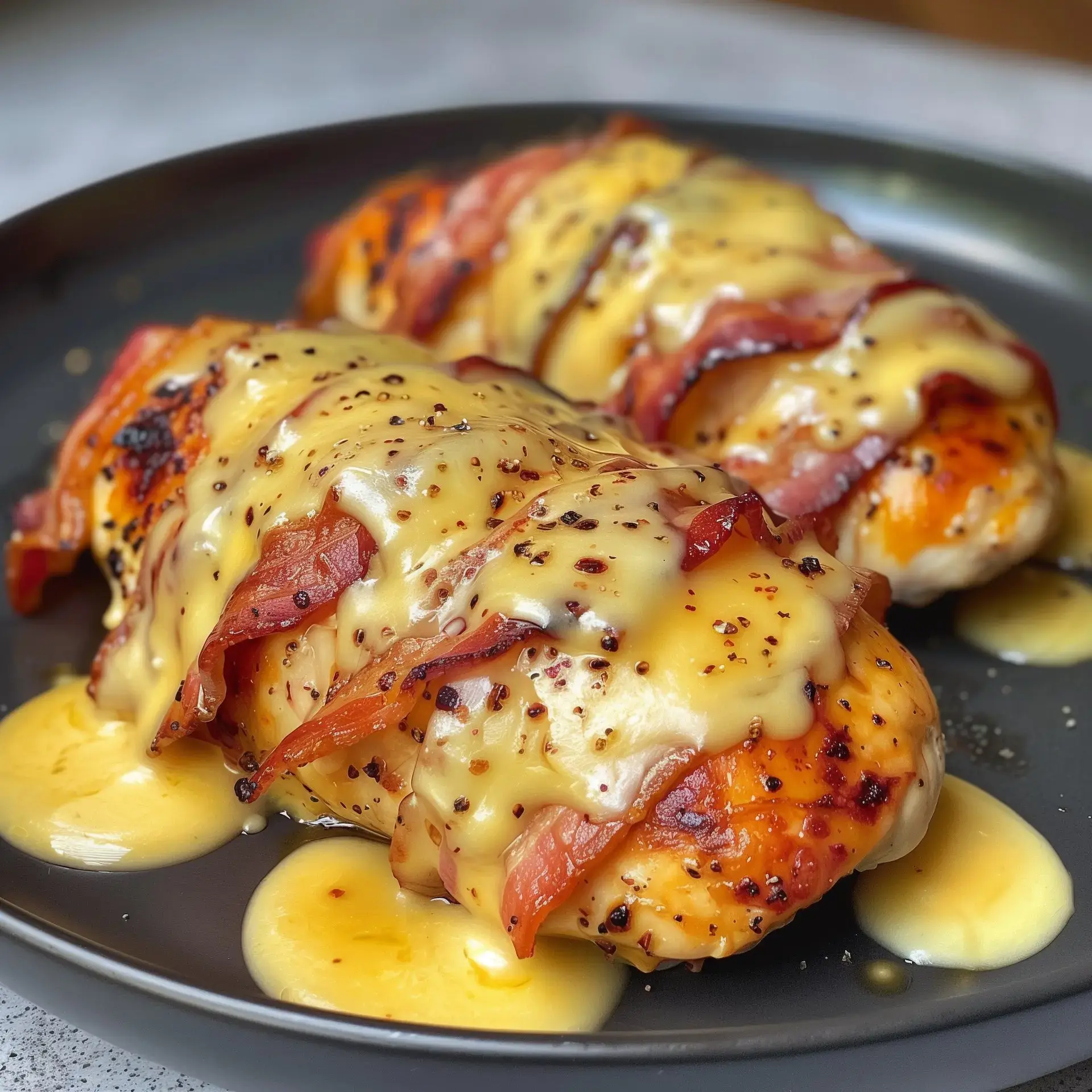 Deux filets de poulet garnis de cheddar fondant et enveloppés dans un bacon croustillant servis sur une assiette noire avec une sauce.