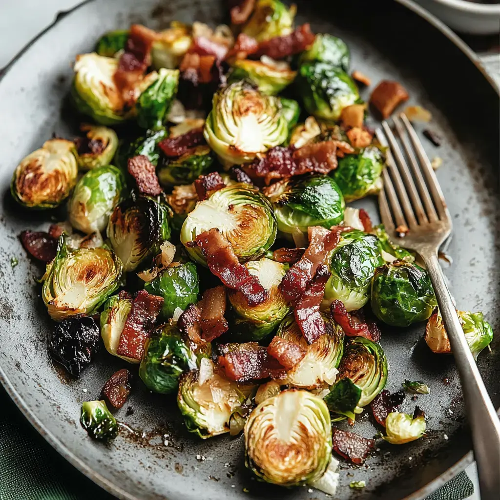 Des choux de Bruxelles rôtis accompagnés de bacon croustillant dans une assiette noire.
