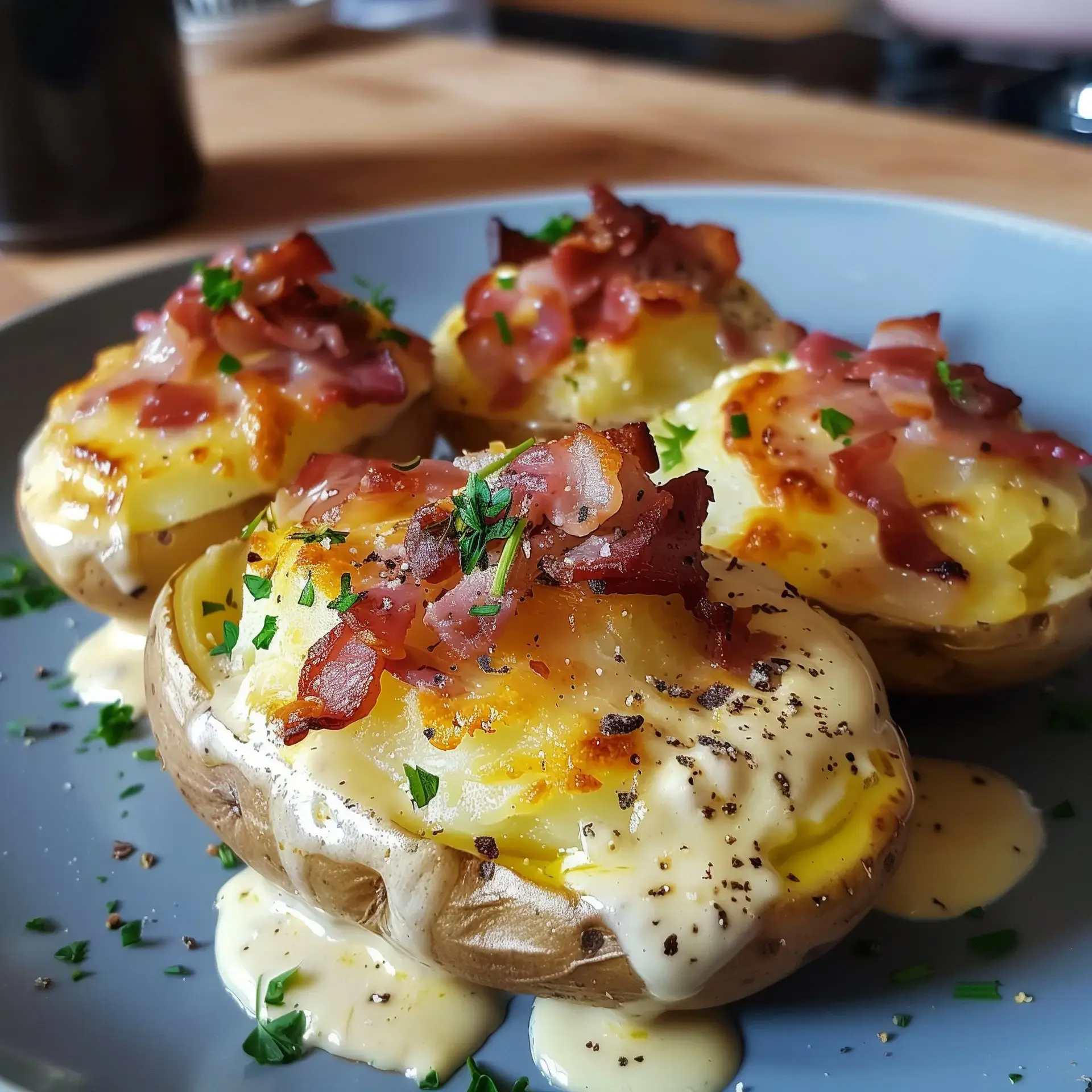 Pommes de terre dorées au four, garnies d'oignons caramélisés, lard croustillant et nappées de sauce crémeuse, servies avec persil frais.