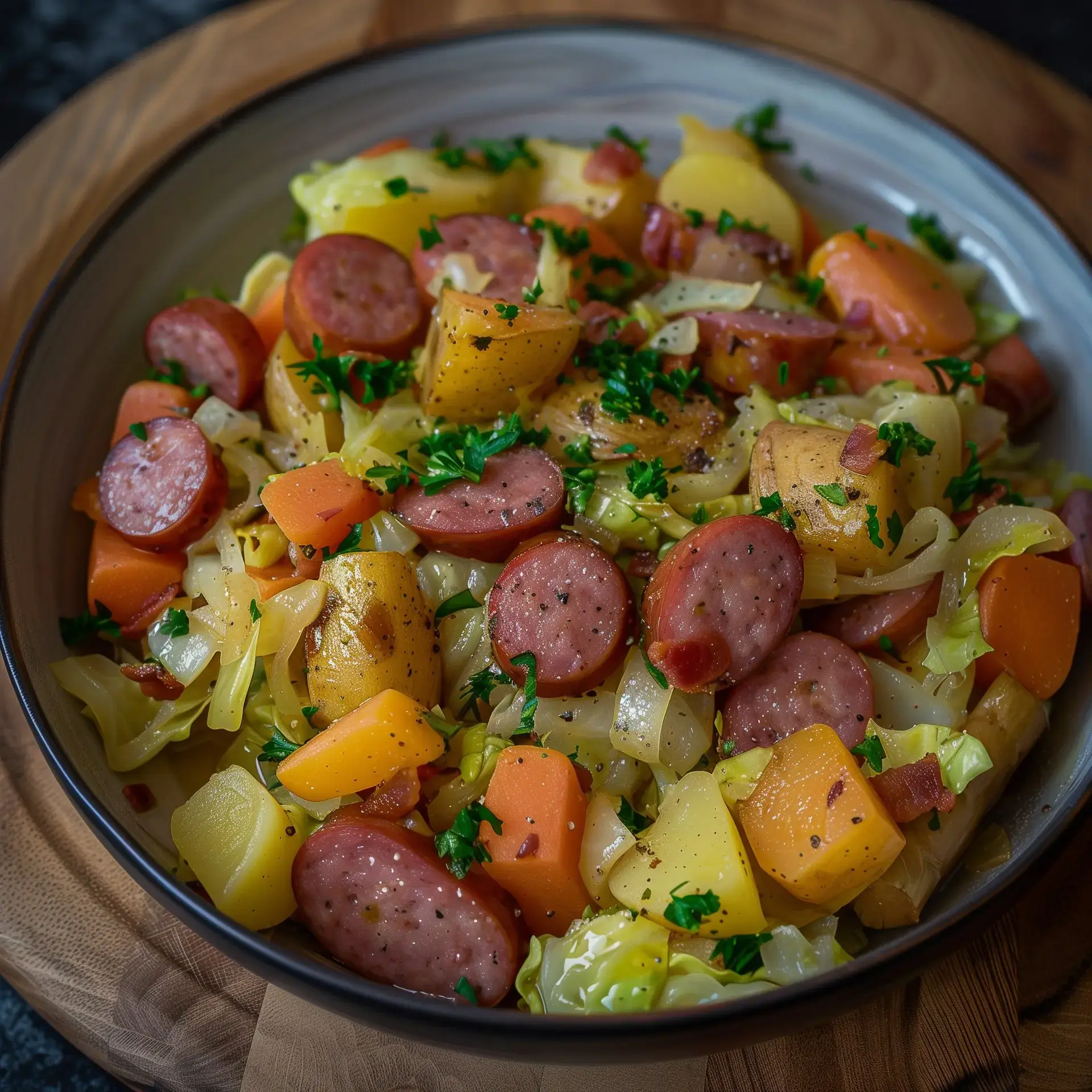 Chou braisé aux légumes et saucisses, décoré avec persil frais.