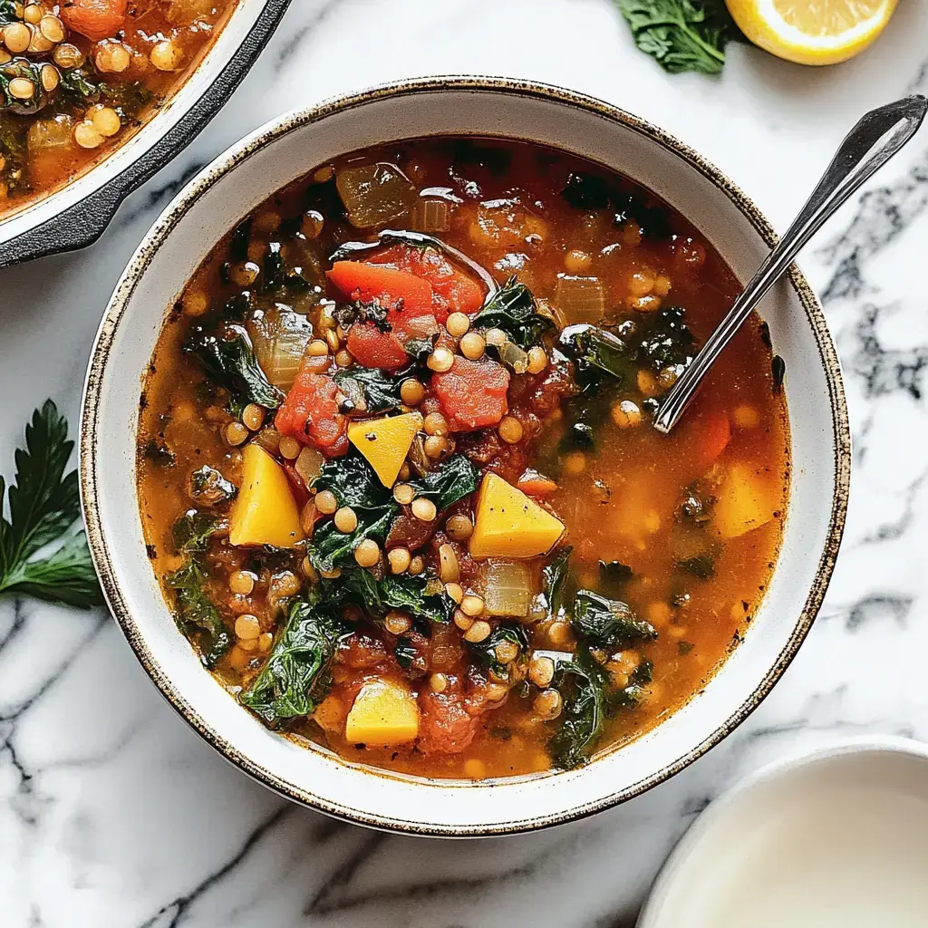 Bol appétissant rempli de soupe aux légumes et lentilles avec des morceaux de courge, accompagné d'une cuillère brillante.