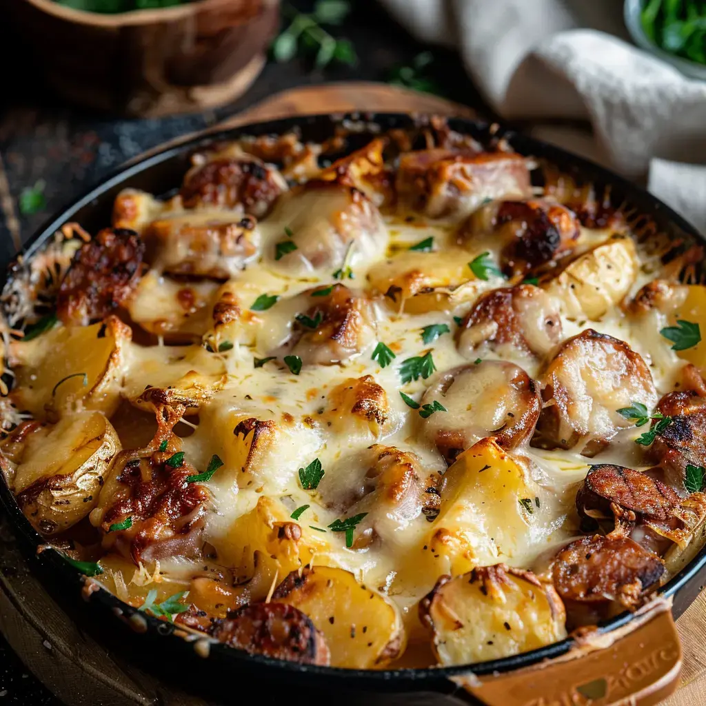 Un gratin doré et crémeux de saucisse et fromage, garni d'herbes fraîches.