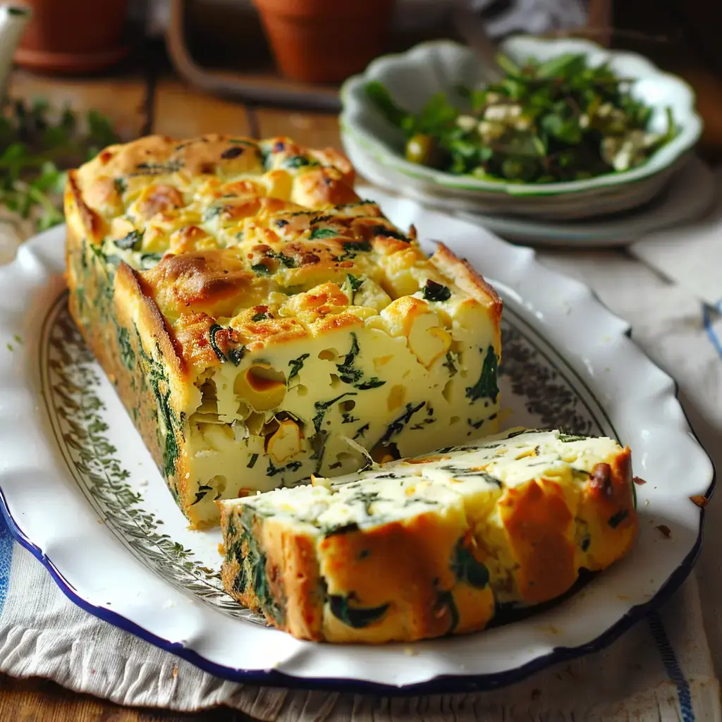 Un cake salé à base d'épinards et de bleu, joliment tranché et présenté pour une dégustation.