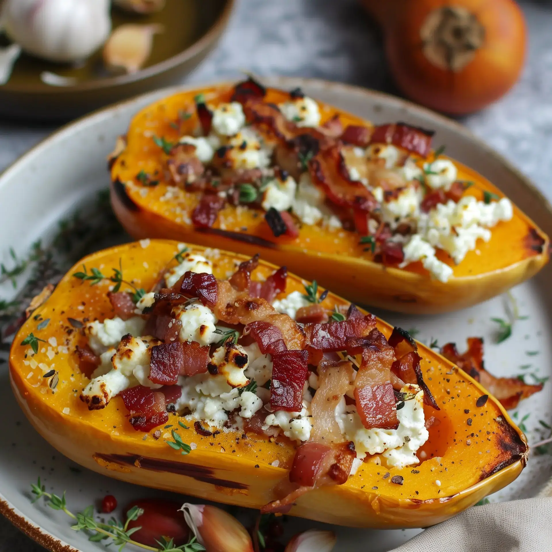 Courge butternut caramélisée farcie de chèvre crémeux et lard croustillant, garnie de quelques feuilles de thym.