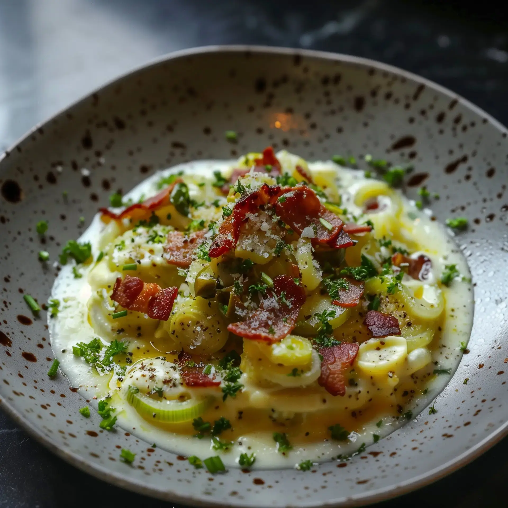 Un plat généreux de poireaux avec une sauce crémeuse et des lardons croustillants, le tout rehaussé de persil frais.