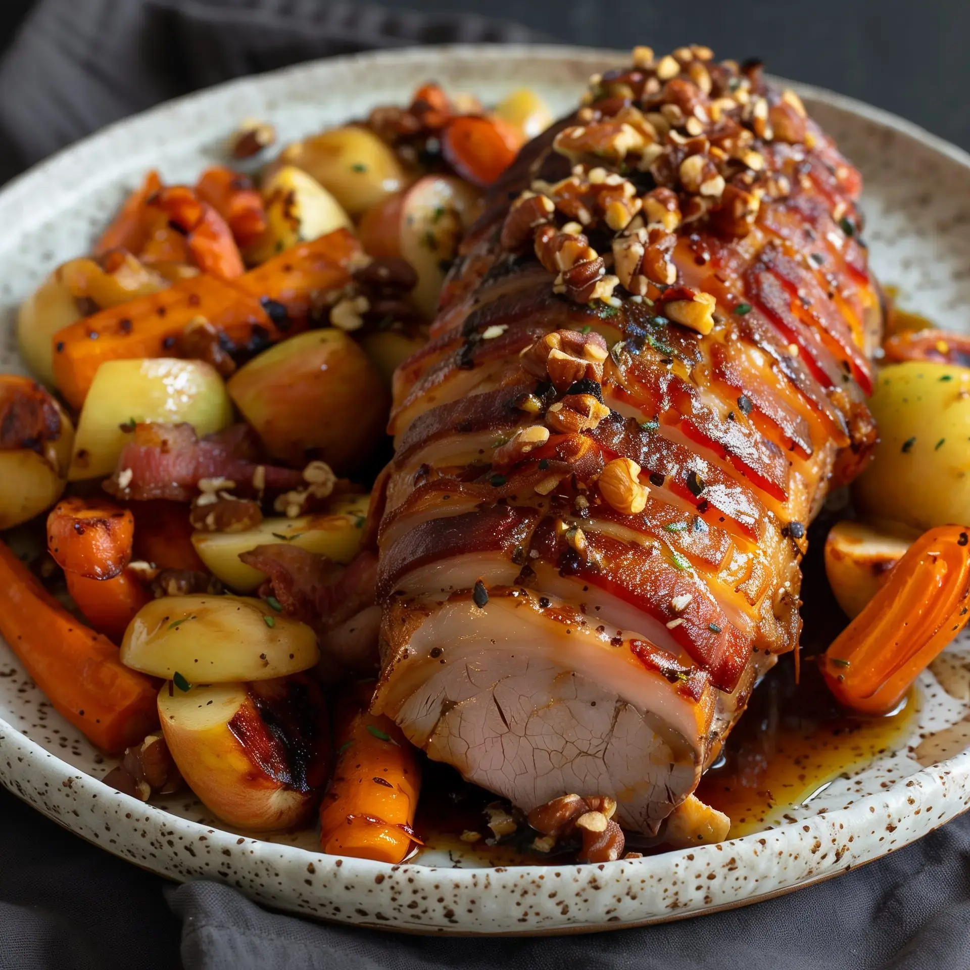 Un plat généreux de rôti lardé accompagné de pommes, carottes et noisettes rôties.