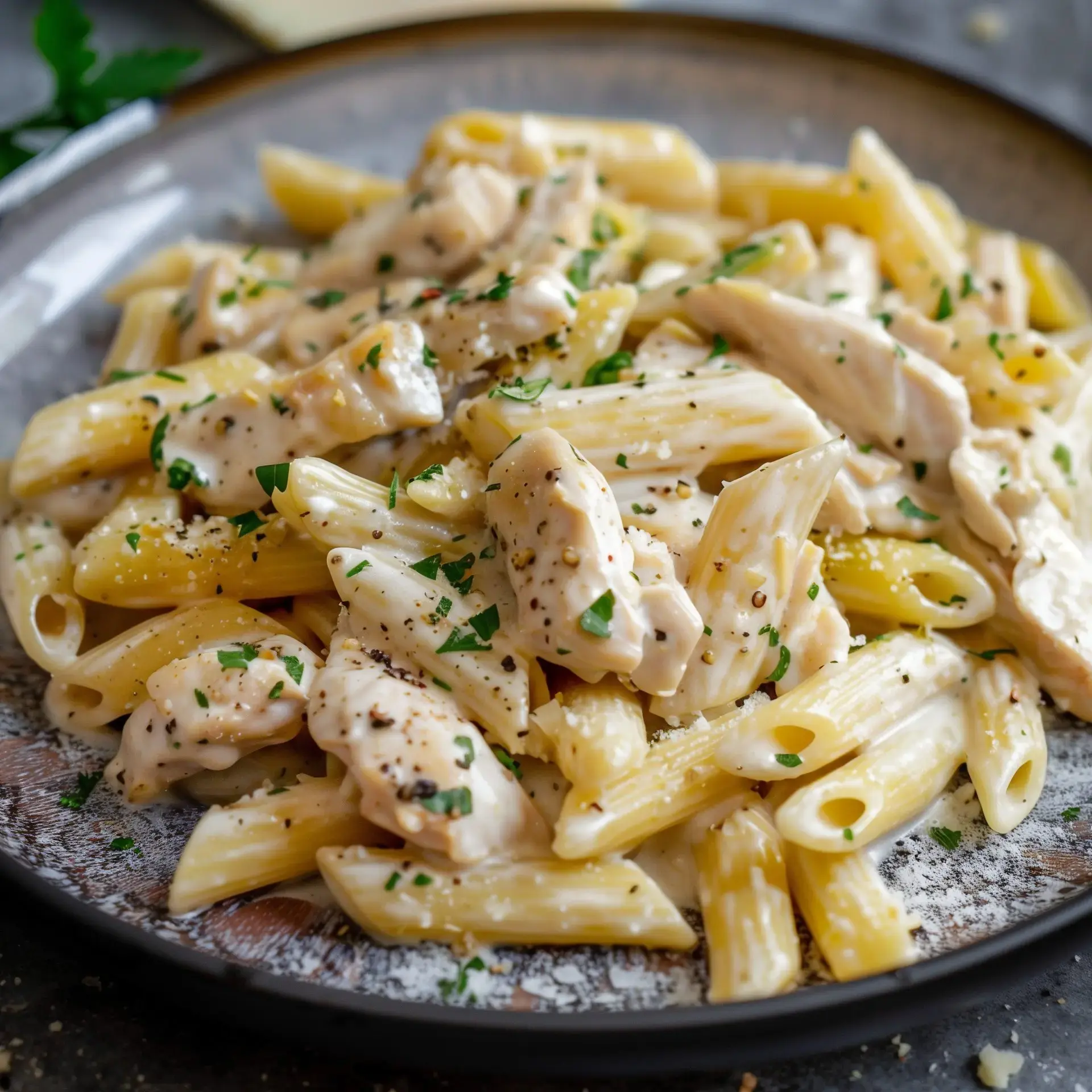 Pennes crémeuses avec poulet et persil sur une assiette.