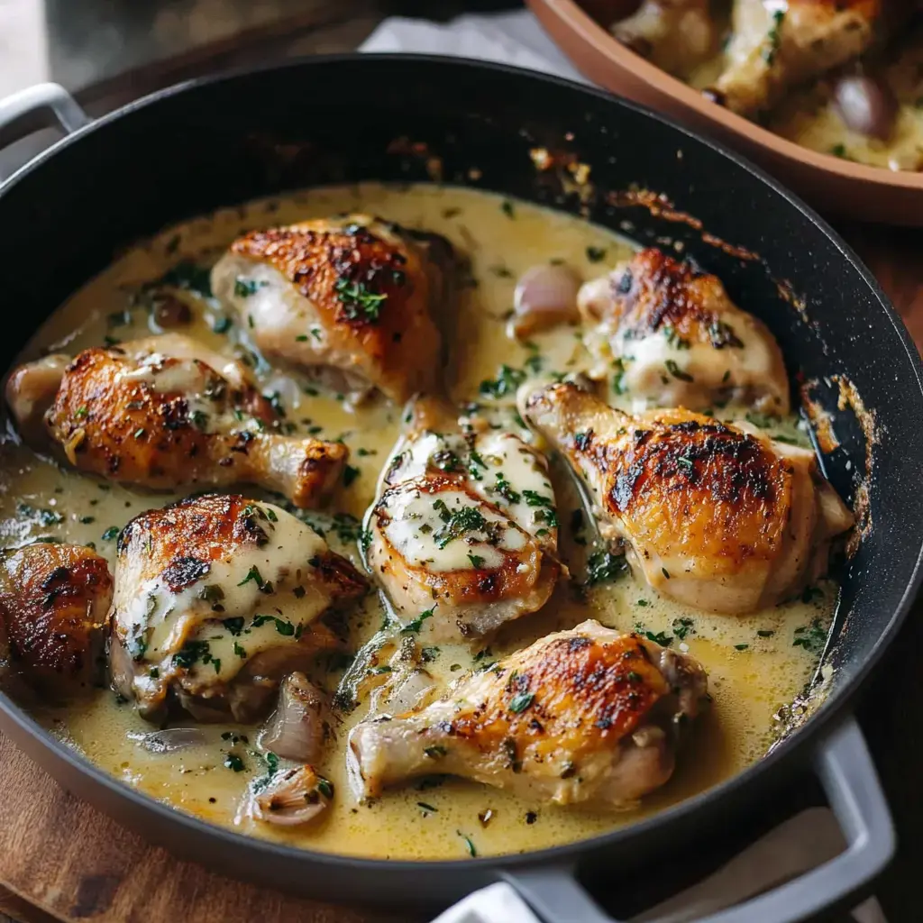 Poulet tendre avec sauce onctueuse, décoré de persil, servi dans une poêle.