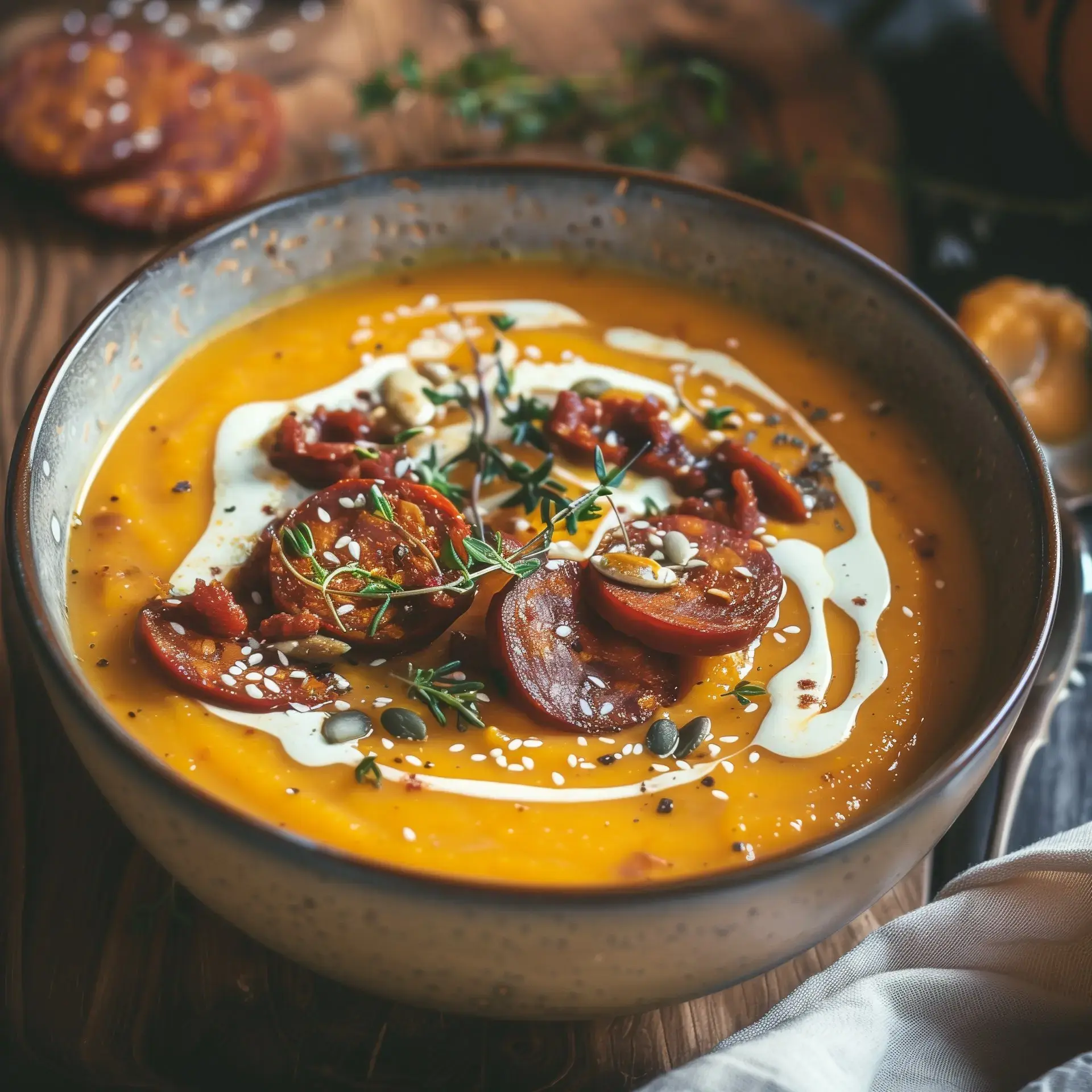 Un bol appétissant de soupe, garni de chorizo, graines et crème fraîche.