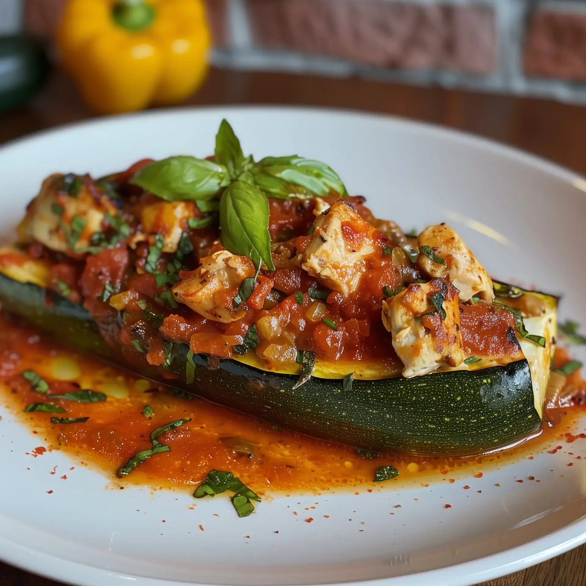 Un plat de courgette bien garnie avec poulet et sauce tomate, parsemée de basilic.