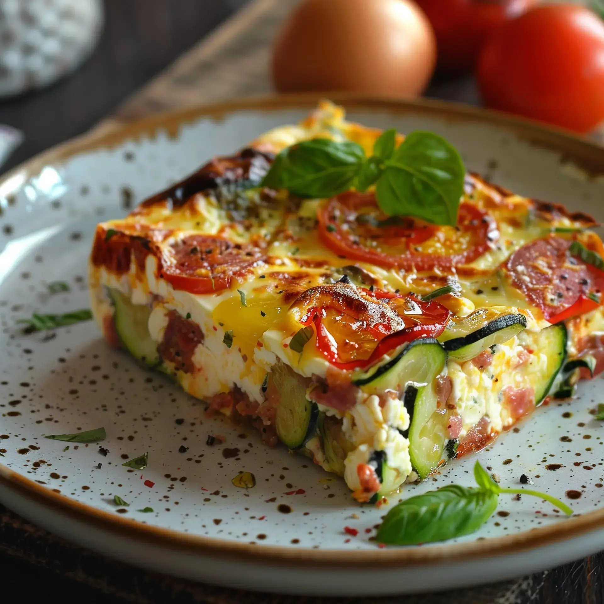 Tranche de flan aux légumes frais avec tomates et basilic, sur une jolie assiette.