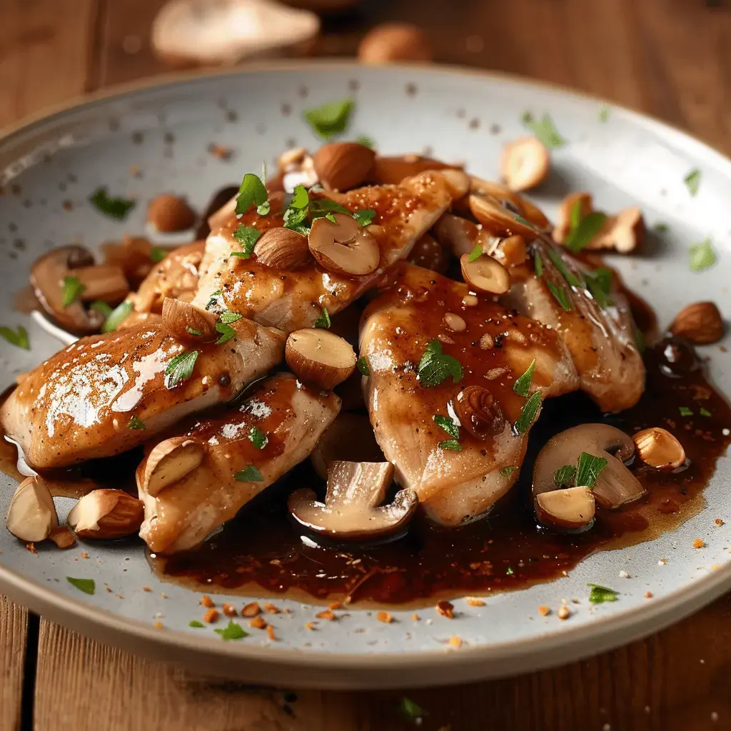 Poulet tendre en sauce crémeuse aux champignons, garni de noisettes et persil frais.