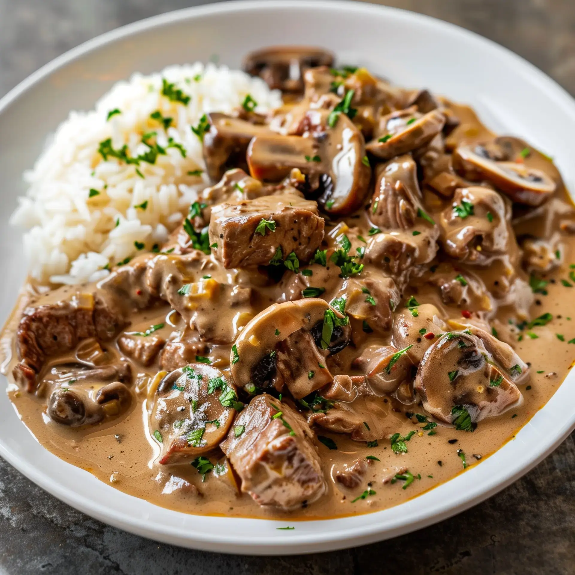 Tendre viande cuisinée avec une sauce crémeuse aux champignons, accompagnée de riz blanc et persil frais.