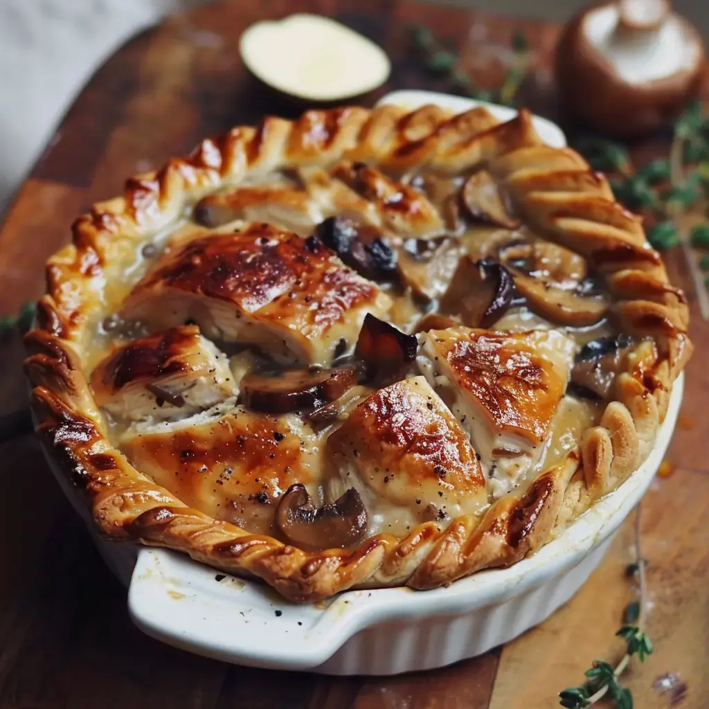 Tourte croustillante au poulet et champignons, présentée dans un plat rustique en céramique.