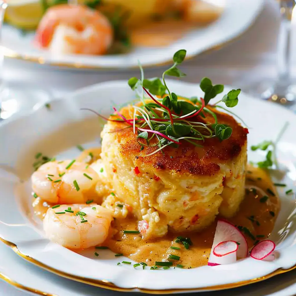 Une assiette gastronomique arborant un soufflé doré aux fruits de mer, garni de jeunes pousses, radis et crevettes.