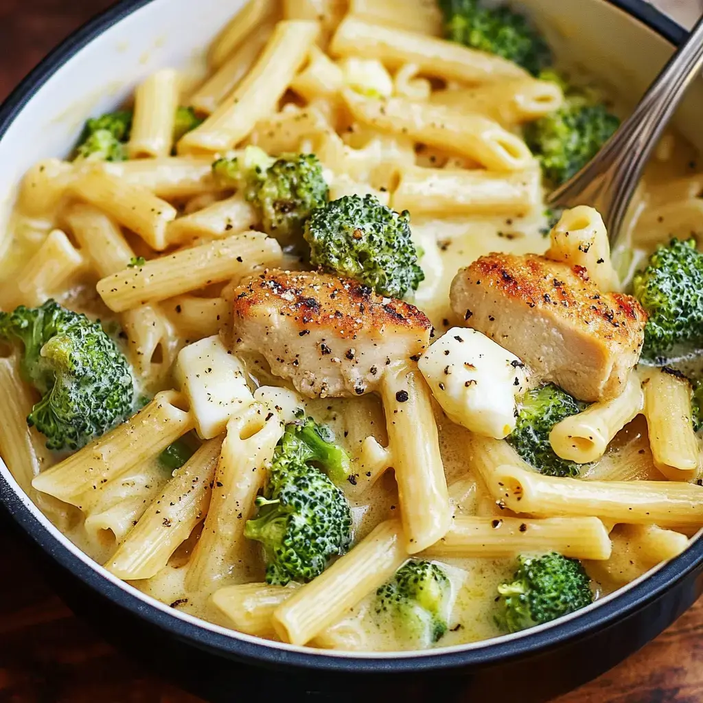 Un délicieux plat de pâtes crémeuses avec du poulet et des brocolis frais.