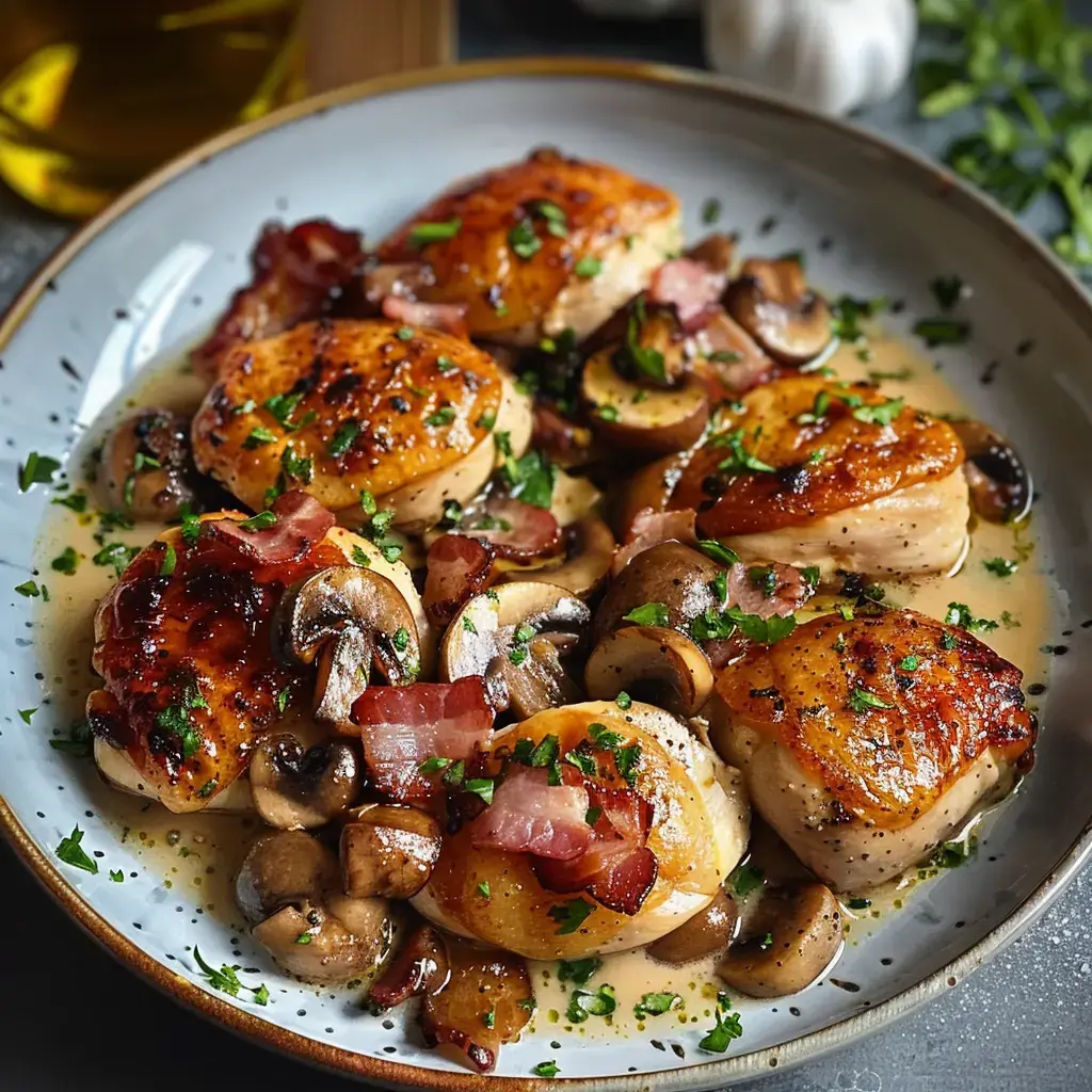 Poulet tendre avec sauce crémeuse, lardons croustillants et champignons, agrémenté de persil frais.