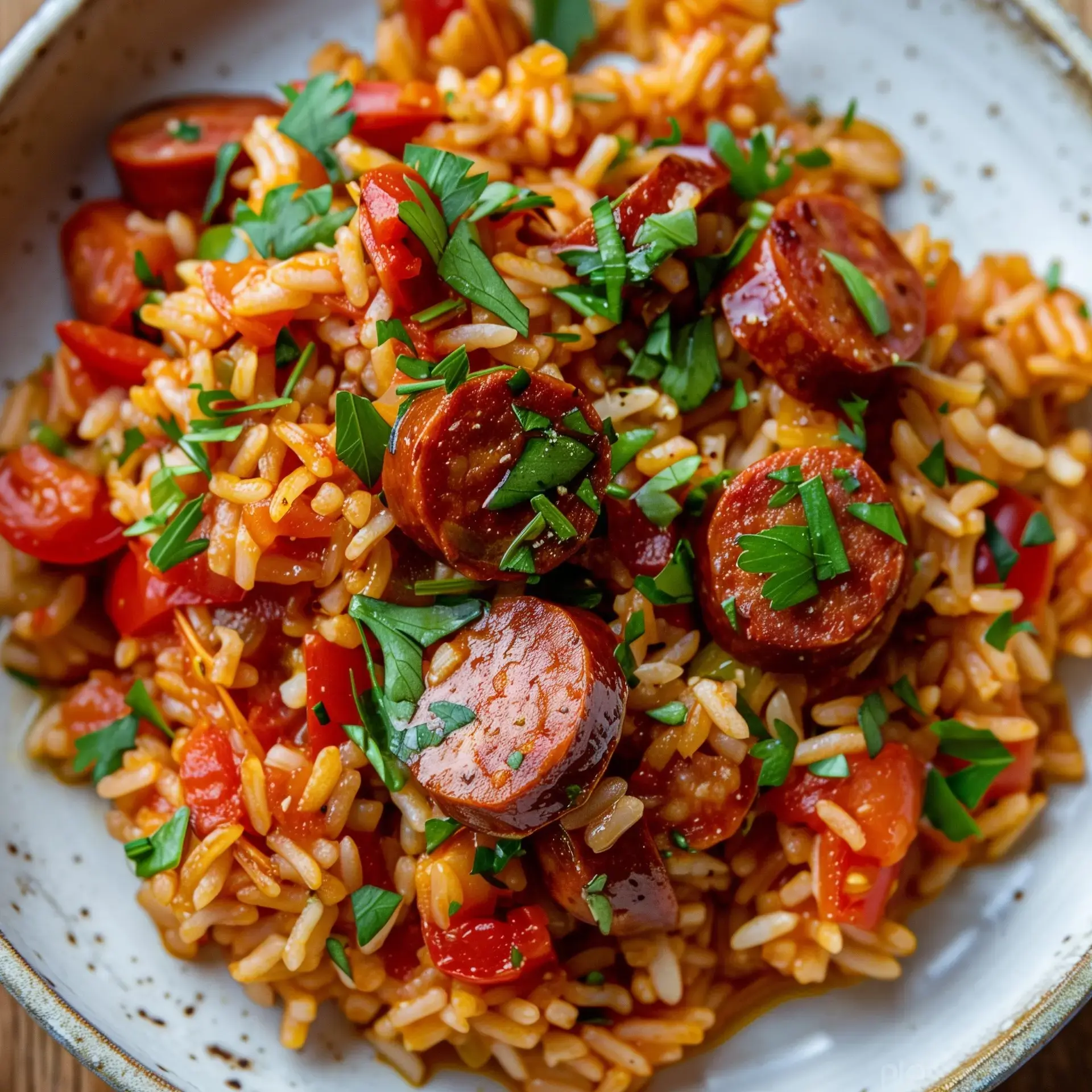 Plat de riz savoureux avec chorizo, tomates, et herbes fraîches.