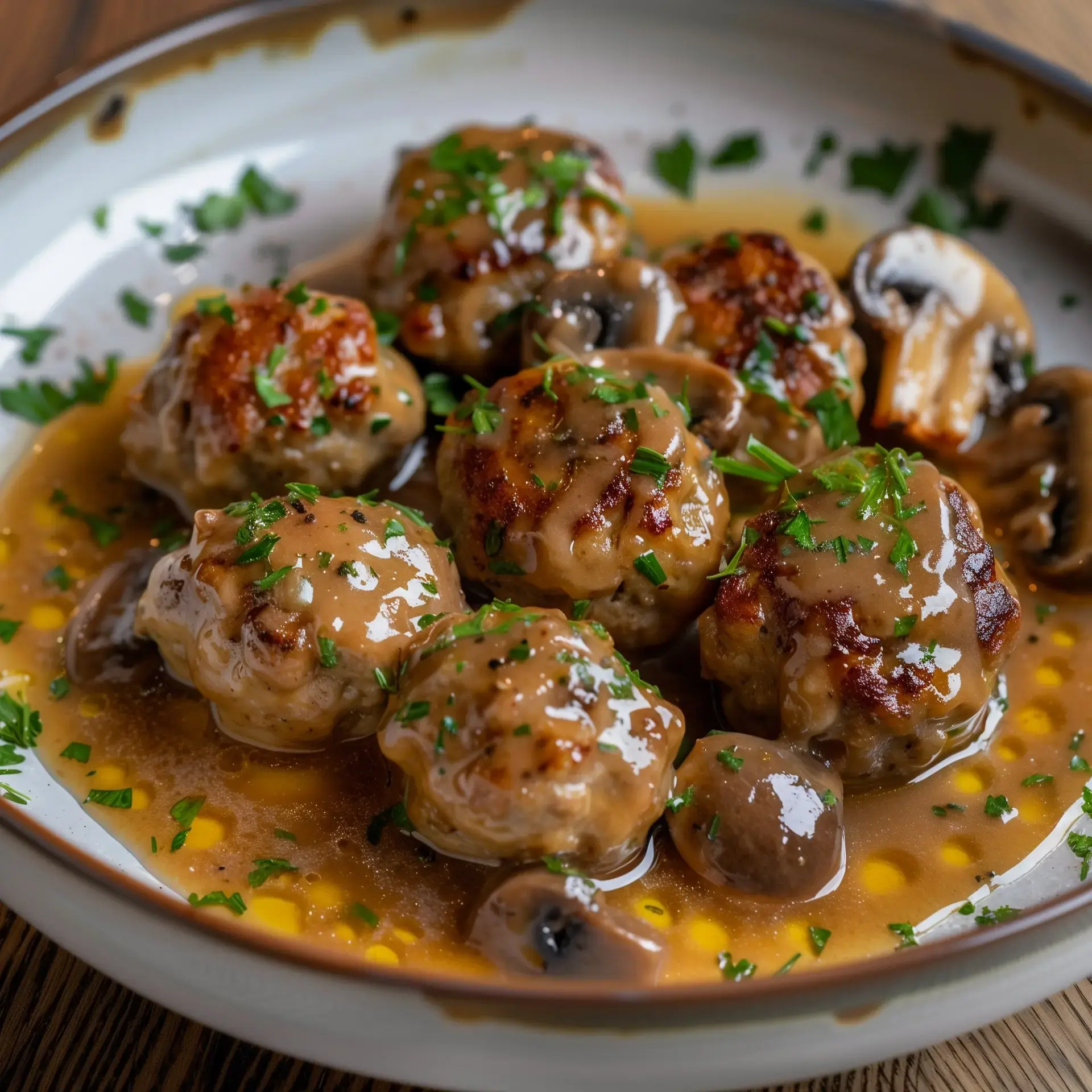 Un plat de boulettes savoureuses baignées dans une sauce aux champignons, saupoudrées de persil frais.
