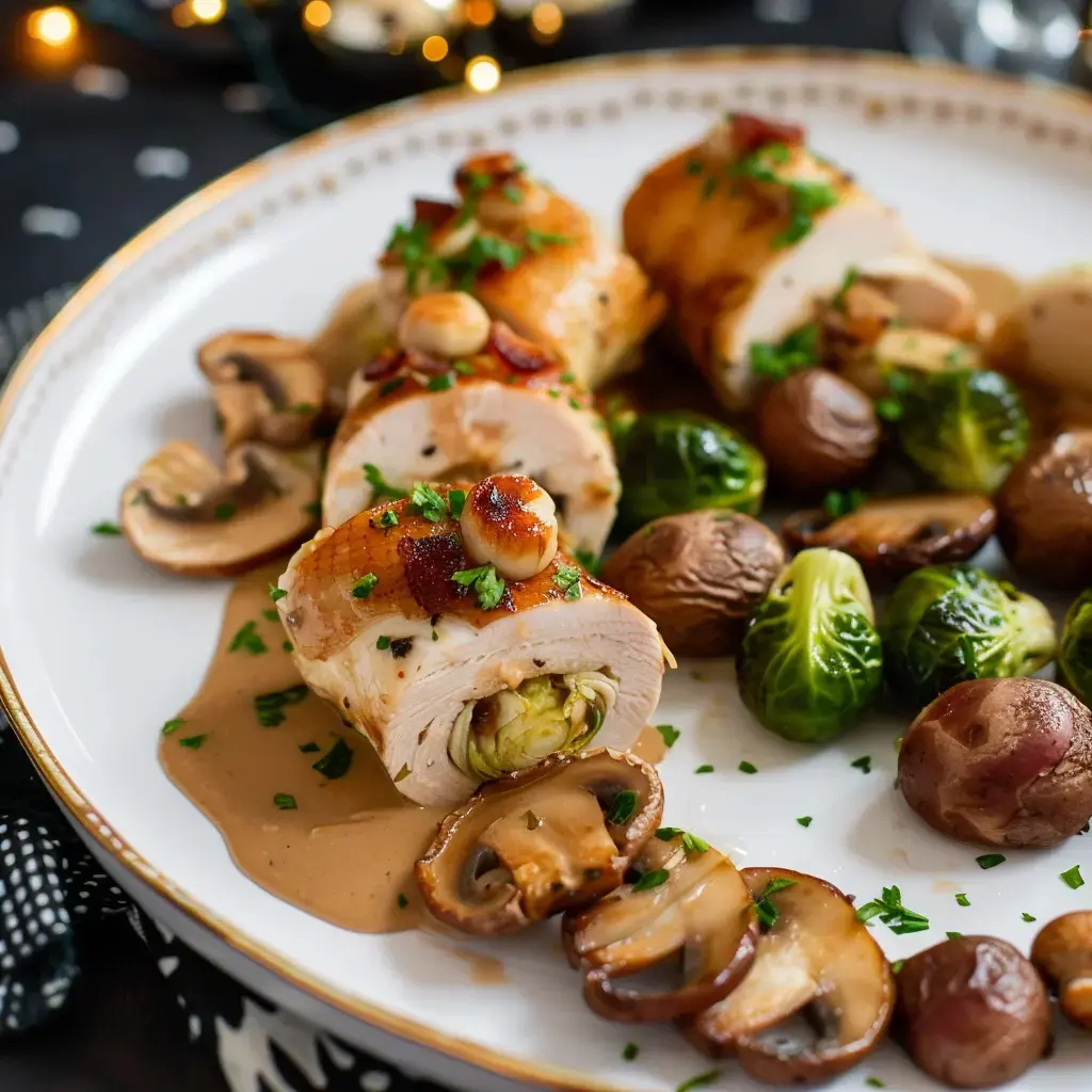 Roulés de volaille farcis aux châtaignes et champignons, accompagnés de légumes sautés et nappés d'une sauce onctueuse.
