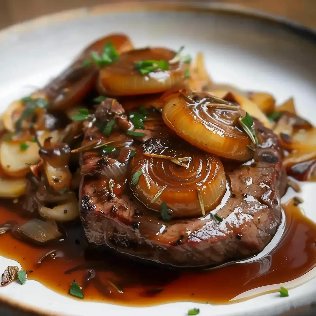 Bœuf tendre caramélisé avec des oignons et une sauce savoureuse, présenté sur une assiette.