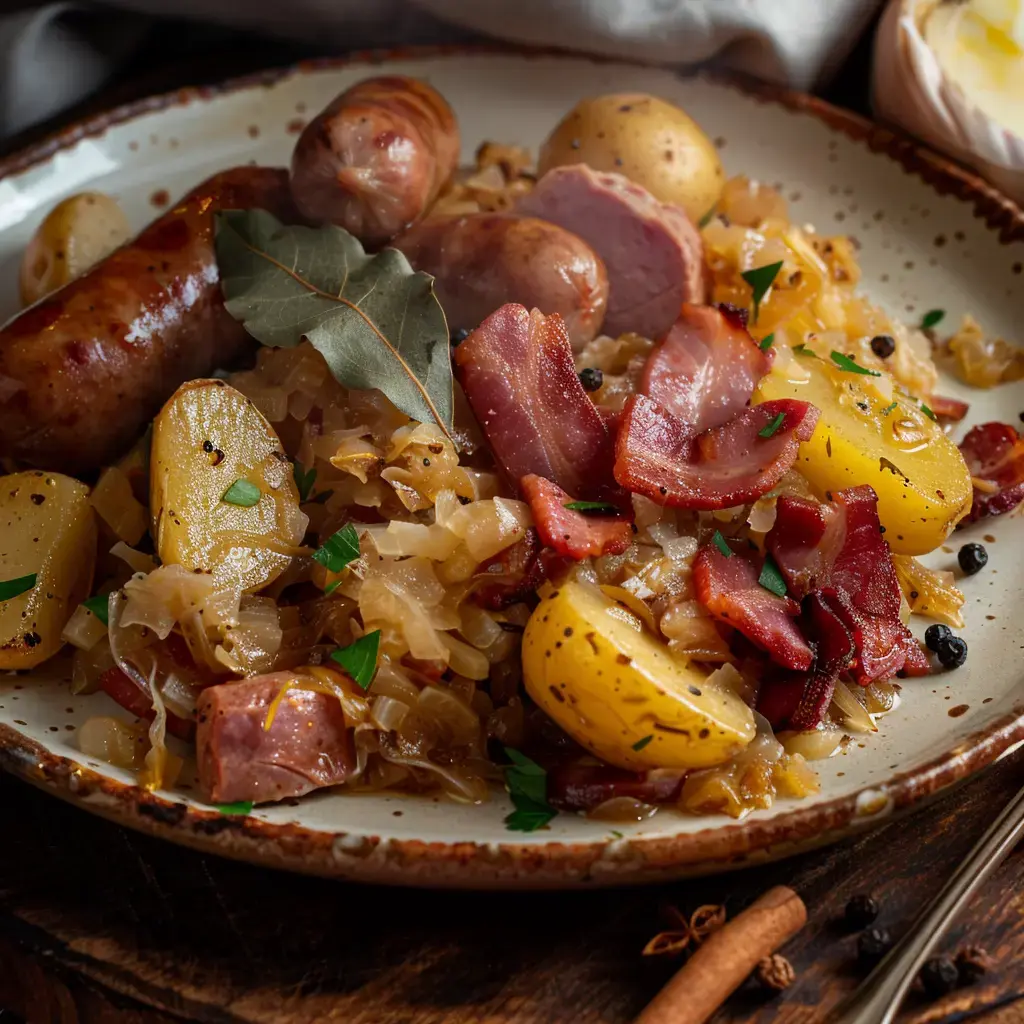 Une généreuse assiette de choucroute garnie avec des saucisses, du lard, des pommes de terre et des épices.