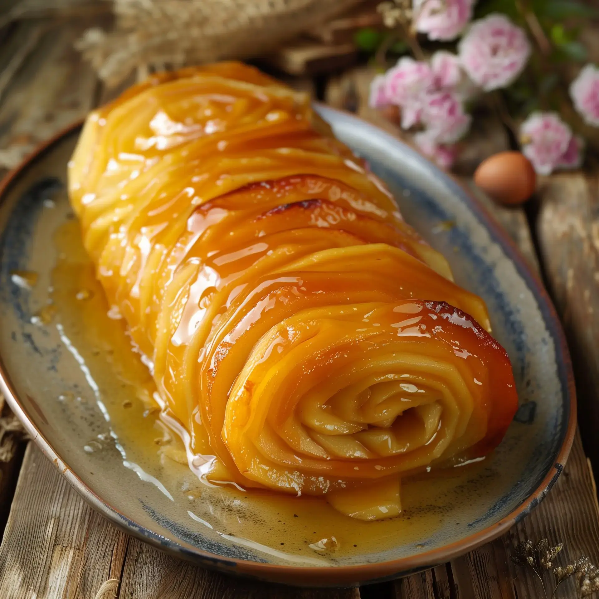 Un dessert à base de pommes caramélisées en forme de rose, posé sur une assiette nappée légèrement de sirop.