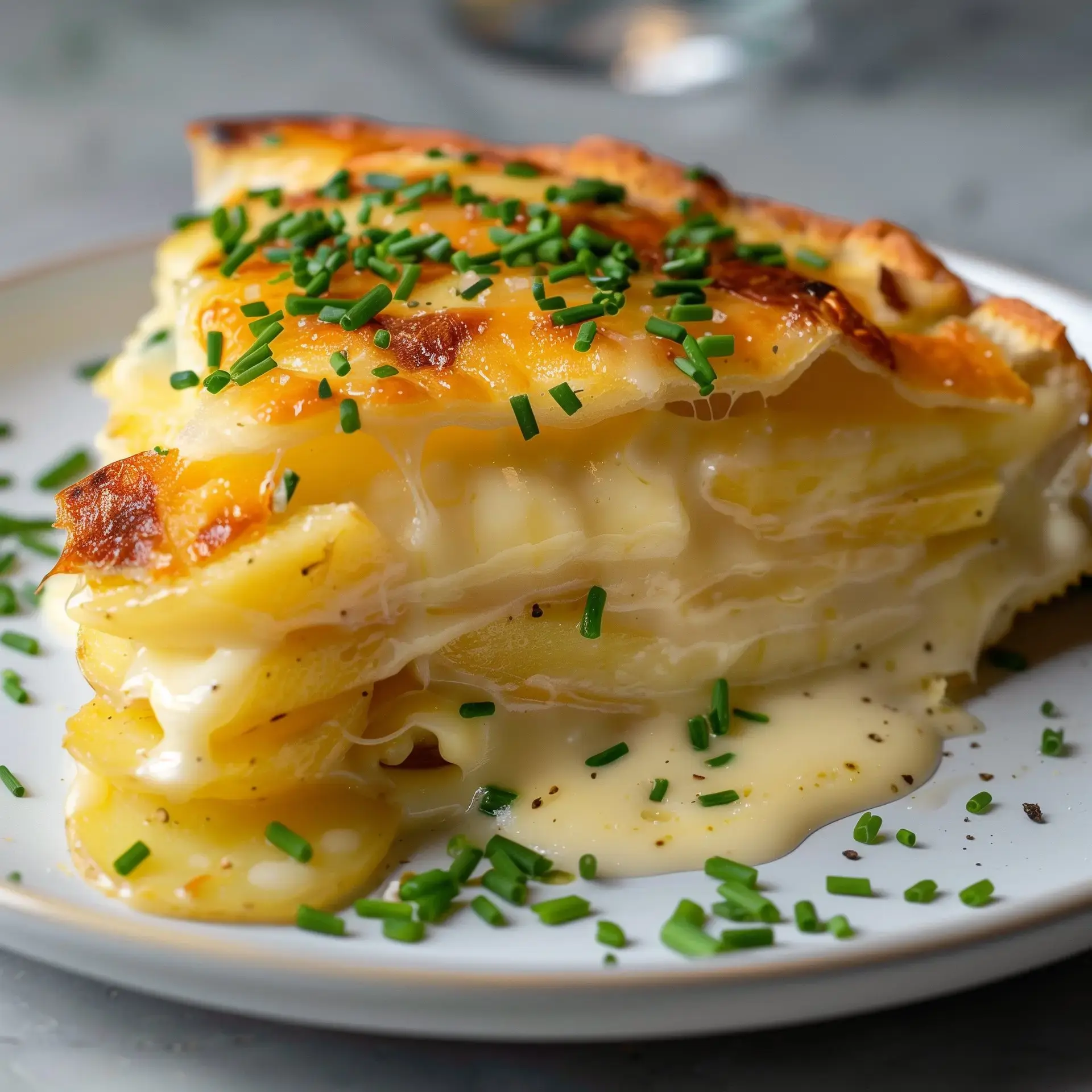 Un gratin crémeux de pommes de terre recouvert de fromage fondu et parsemé de ciboulette, servi sur une assiette blanche.