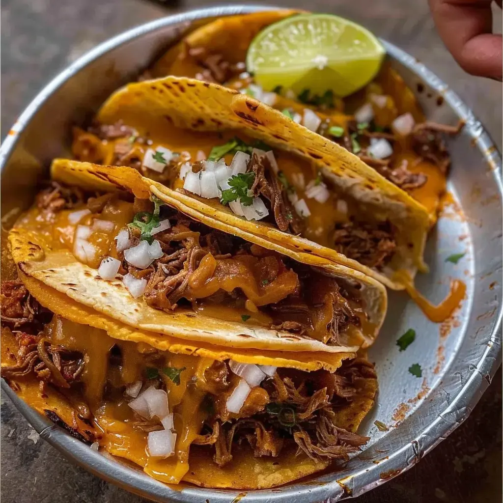 Tacos garnis de viande tendre, fromage fondant, oignons hachés et citron vert.